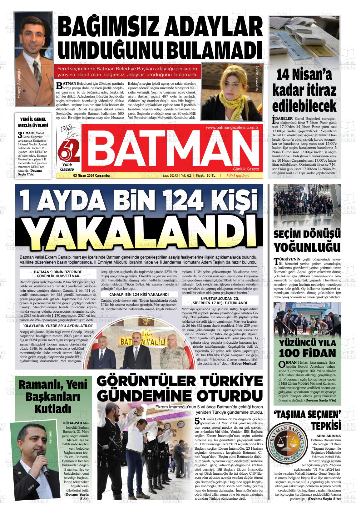 03 Nisan 2024 BATMAN GAZETESİ Gazete Manşeti