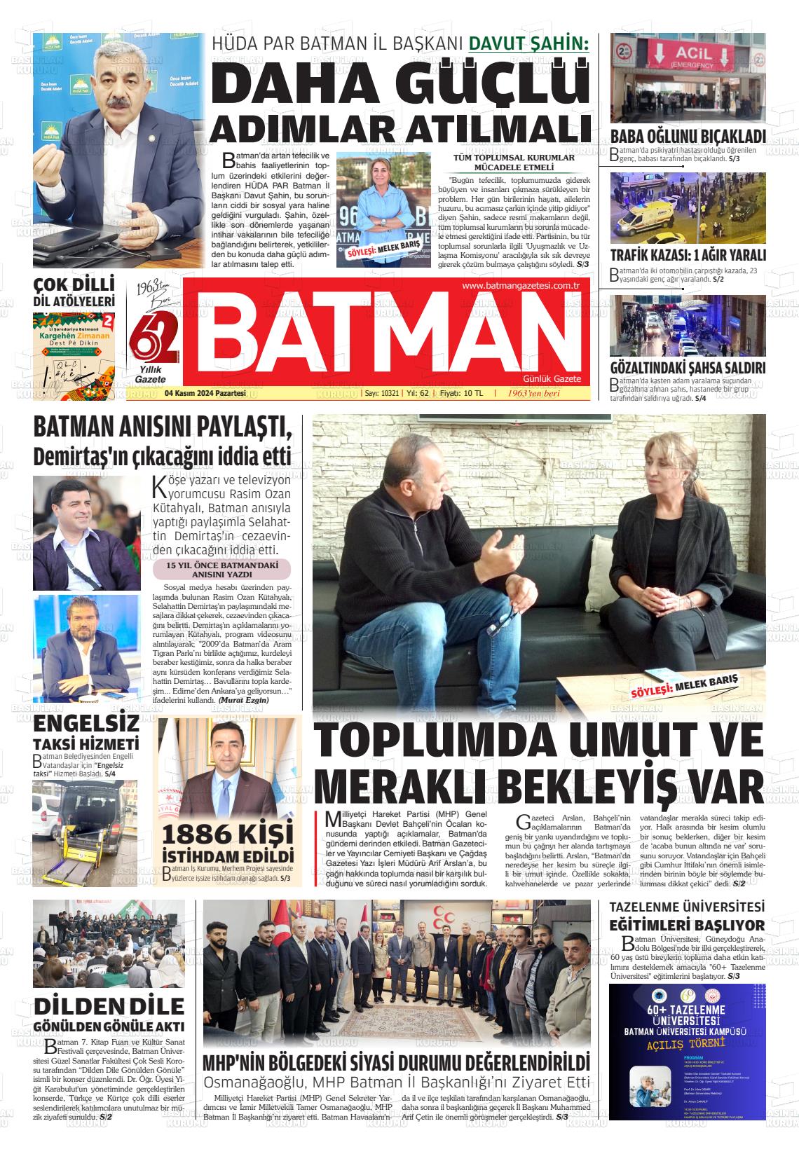 04 Kasım 2024 BATMAN GAZETESİ Gazete Manşeti