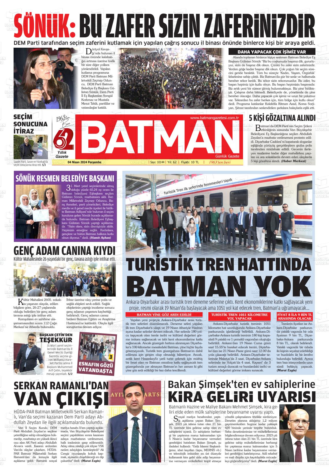 04 Nisan 2024 BATMAN GAZETESİ Gazete Manşeti