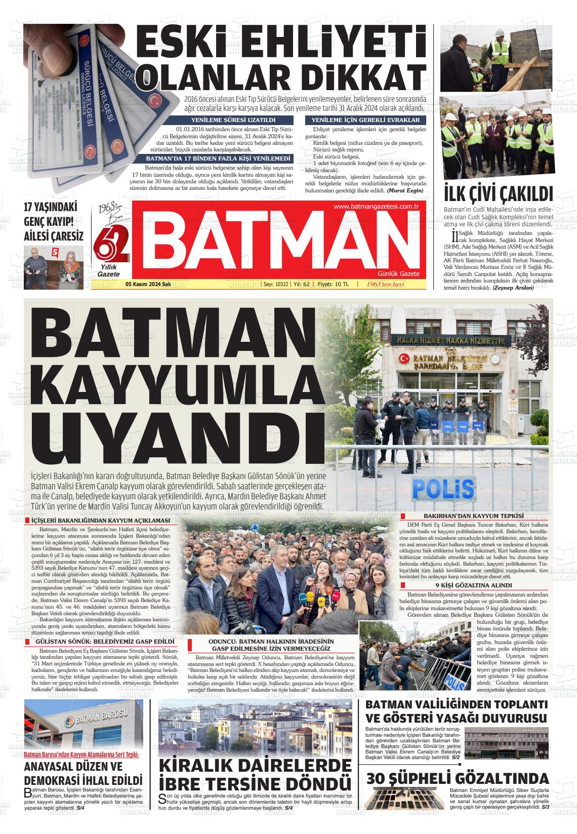 05 Kasım 2024 BATMAN GAZETESİ Gazete Manşeti