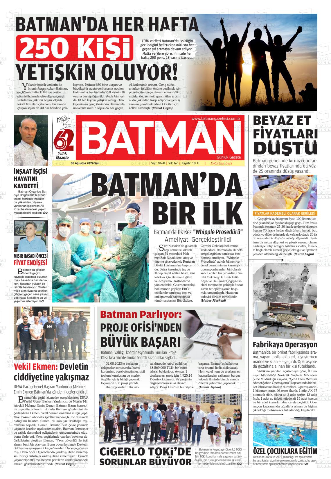 06 Ağustos 2024 BATMAN GAZETESİ Gazete Manşeti