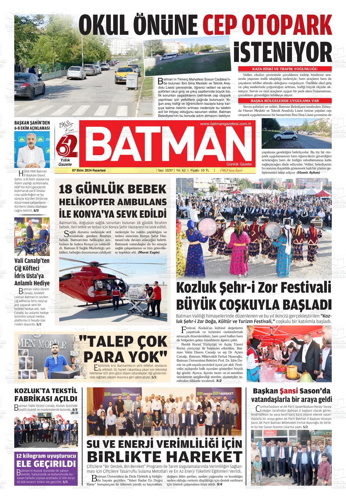 07 Ekim 2024 BATMAN GAZETESİ Gazete Manşeti