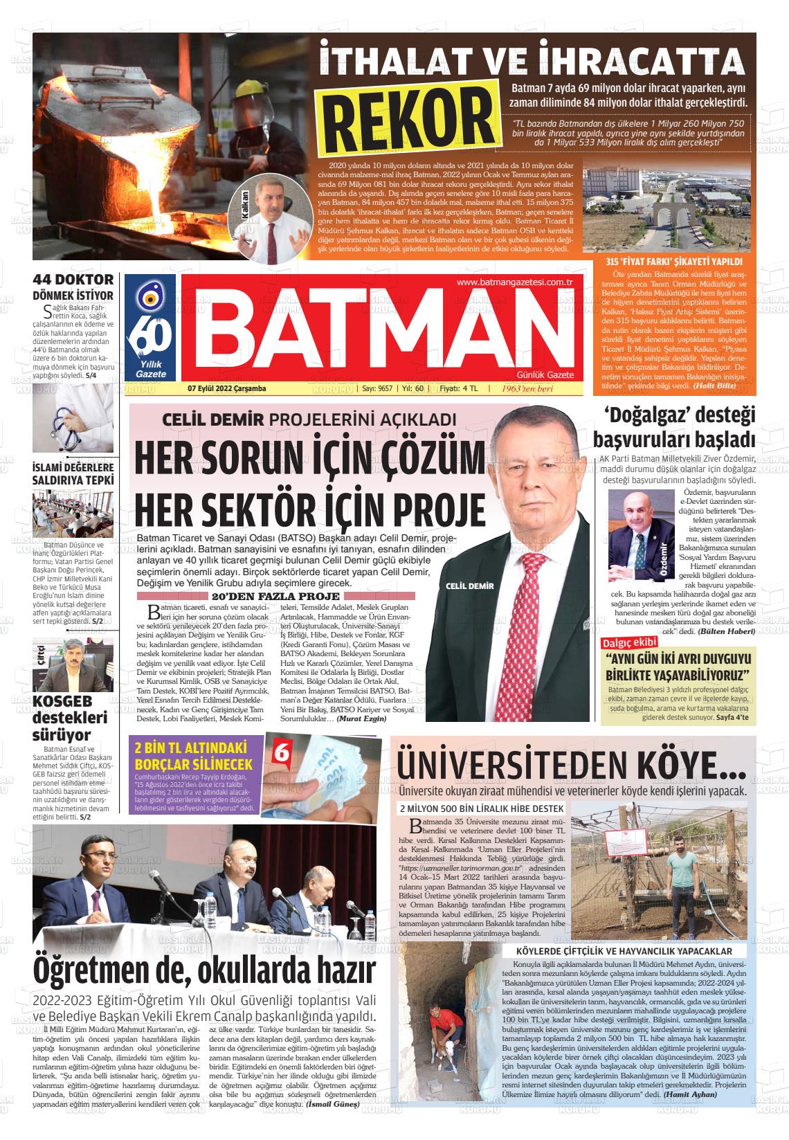 07 Eylül 2022 BATMAN GAZETESİ Gazete Manşeti