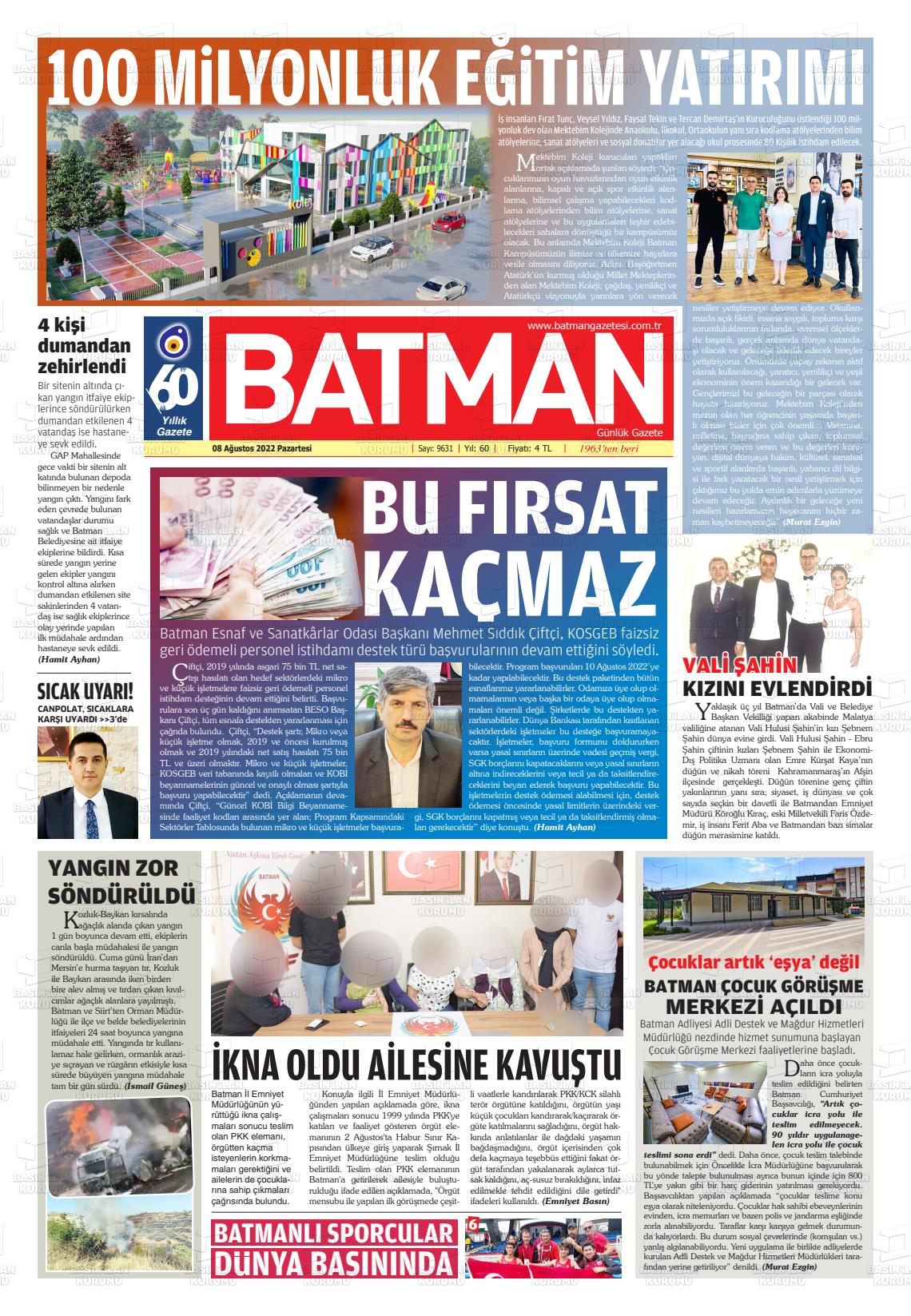 08 Ağustos 2022 BATMAN GAZETESİ Gazete Manşeti