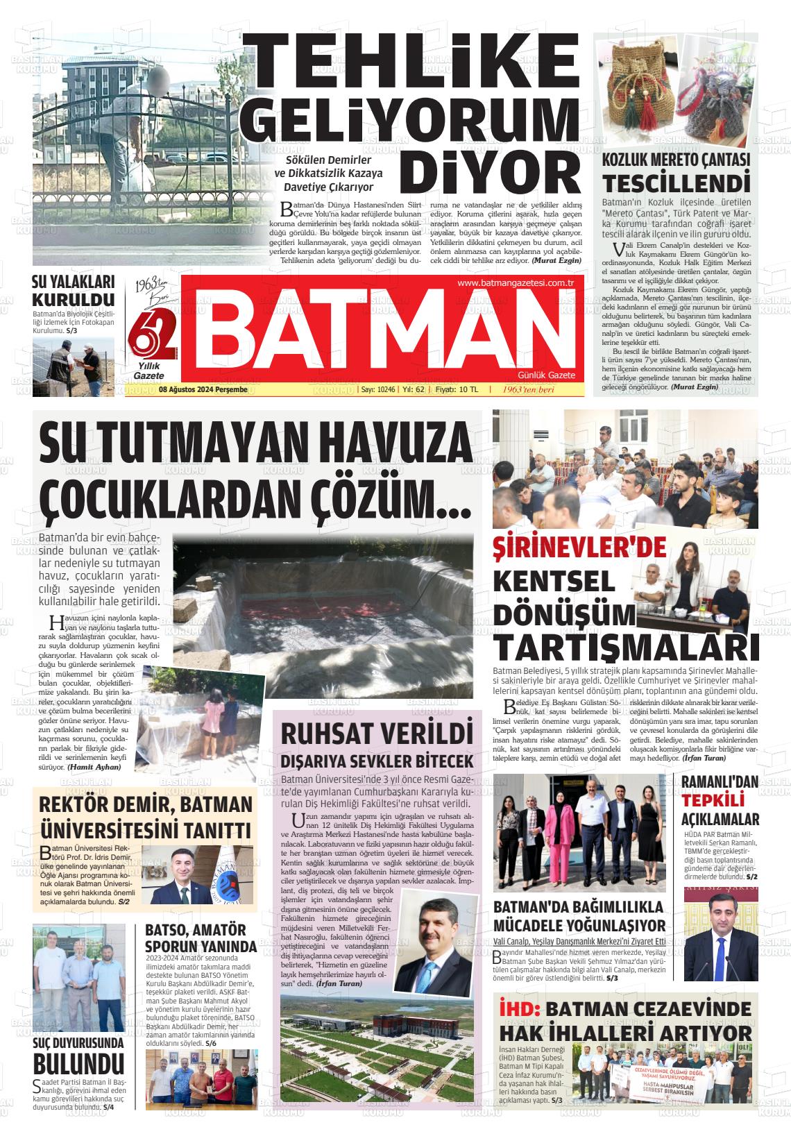 08 Ağustos 2024 BATMAN GAZETESİ Gazete Manşeti