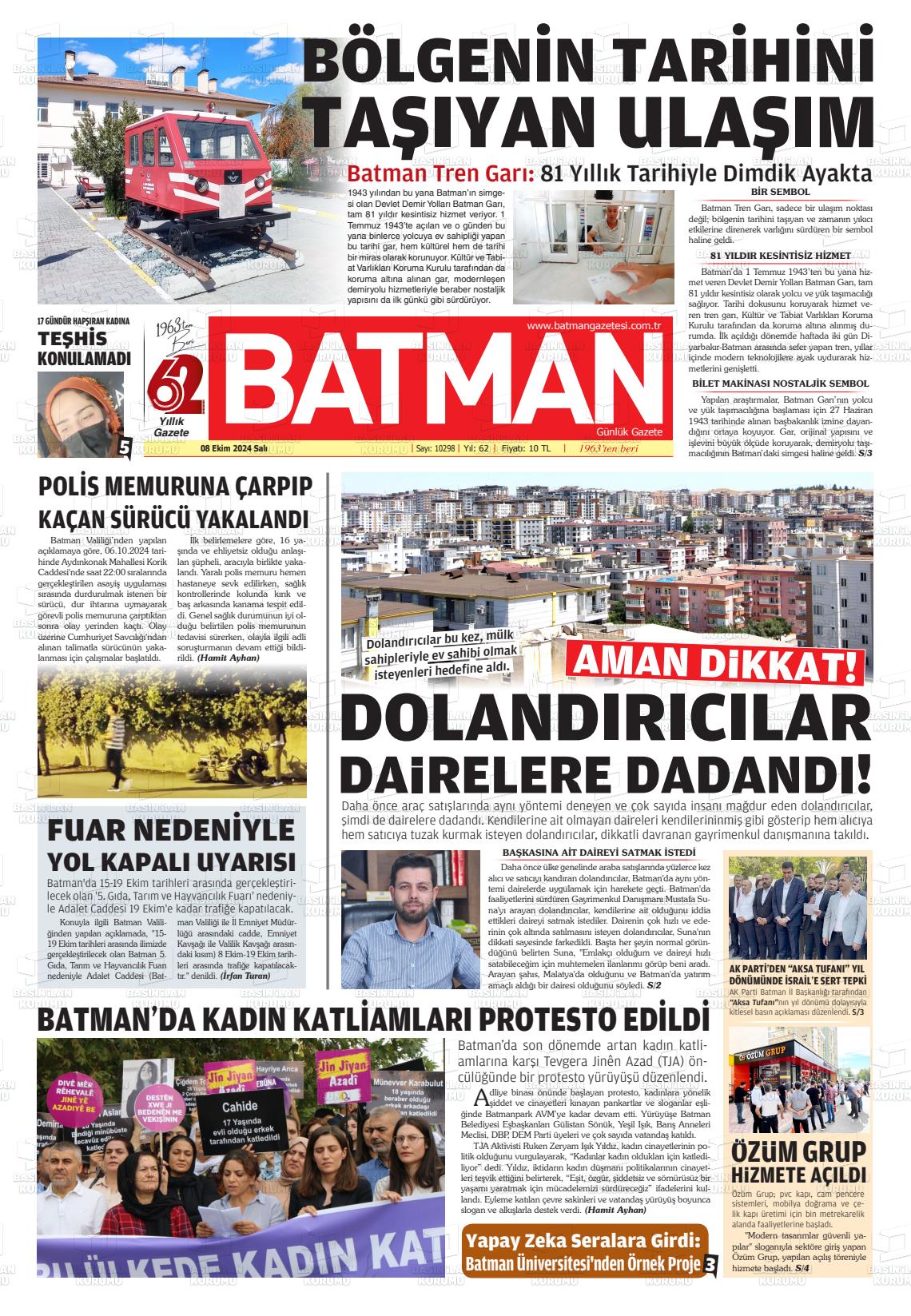 08 Ekim 2024 BATMAN GAZETESİ Gazete Manşeti