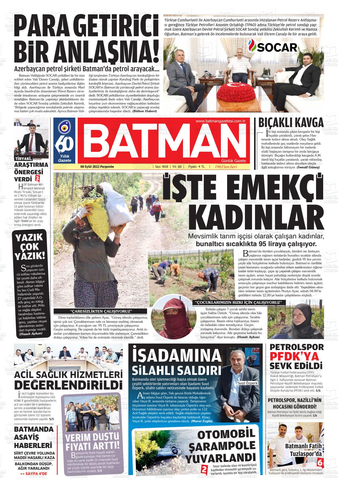 08 Eylül 2022 BATMAN GAZETESİ Gazete Manşeti