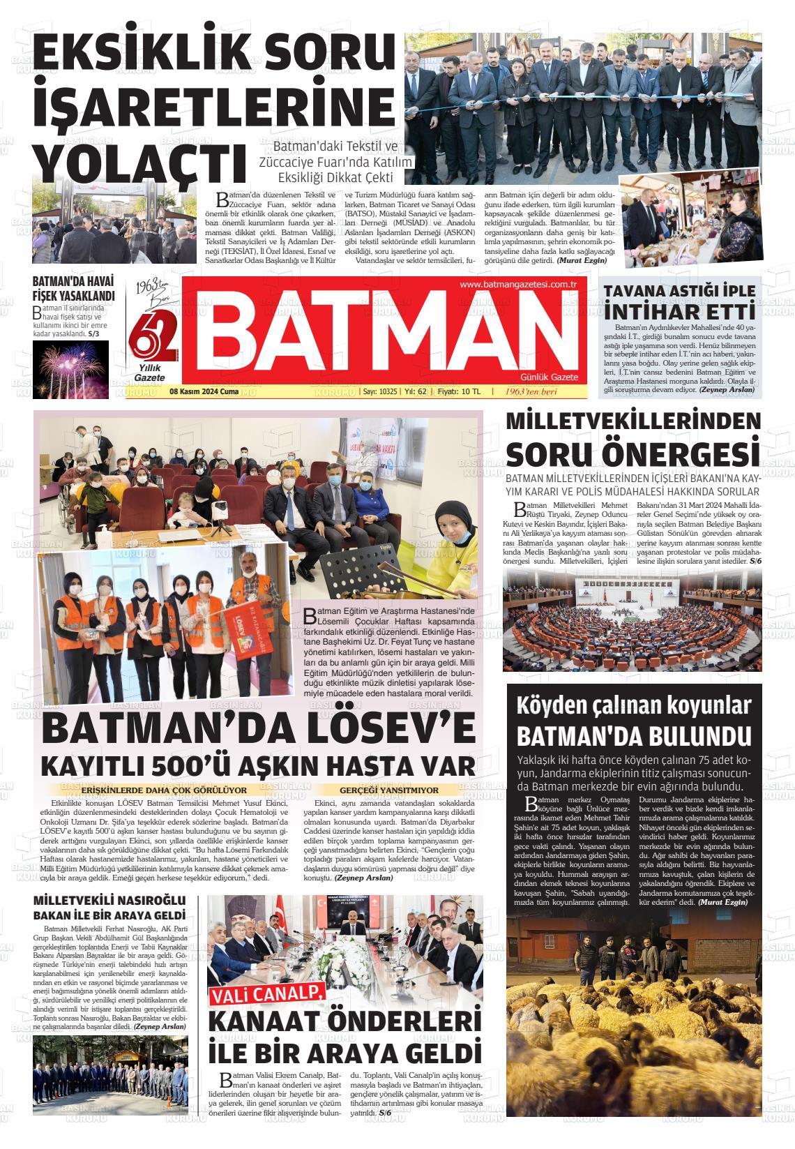 08 Kasım 2024 BATMAN GAZETESİ Gazete Manşeti