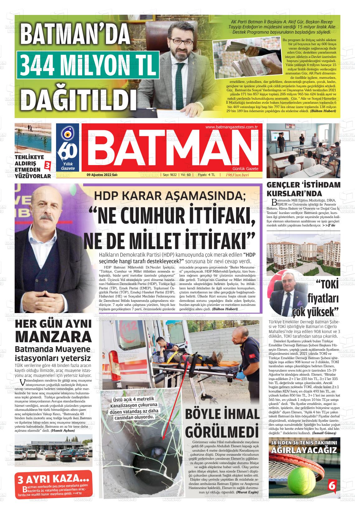 09 Ağustos 2022 BATMAN GAZETESİ Gazete Manşeti