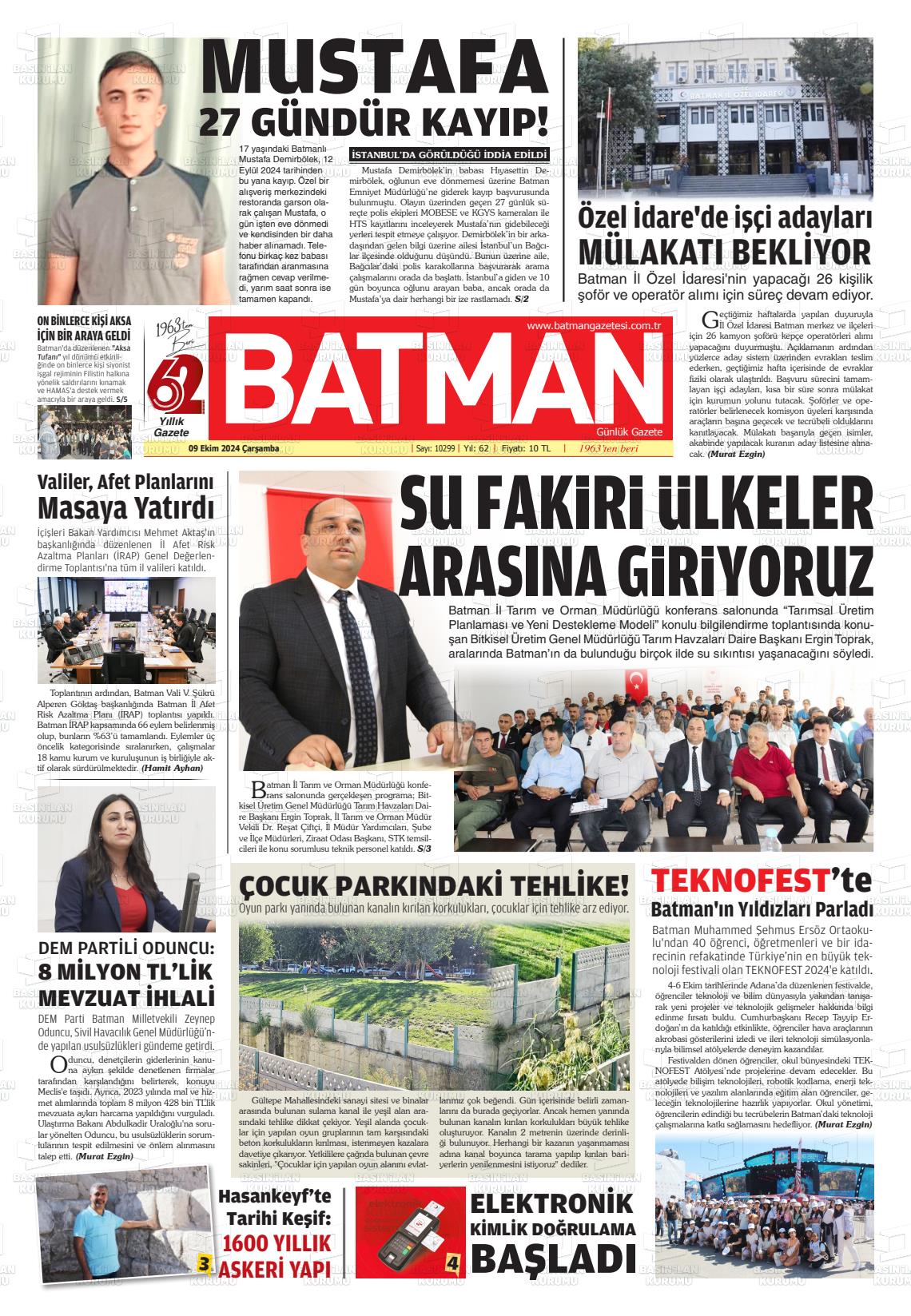 09 Ekim 2024 BATMAN GAZETESİ Gazete Manşeti