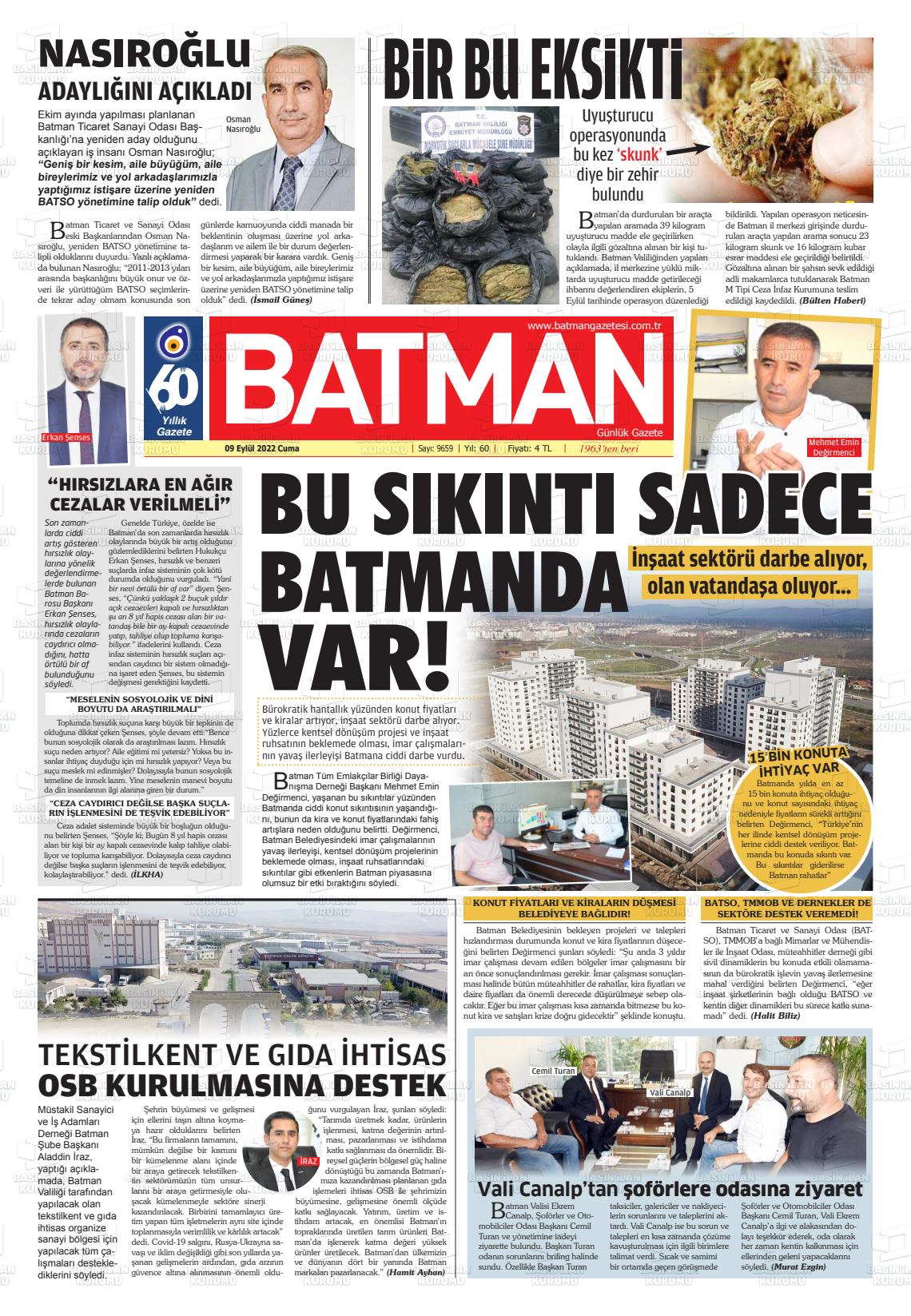 09 Eylül 2022 BATMAN GAZETESİ Gazete Manşeti