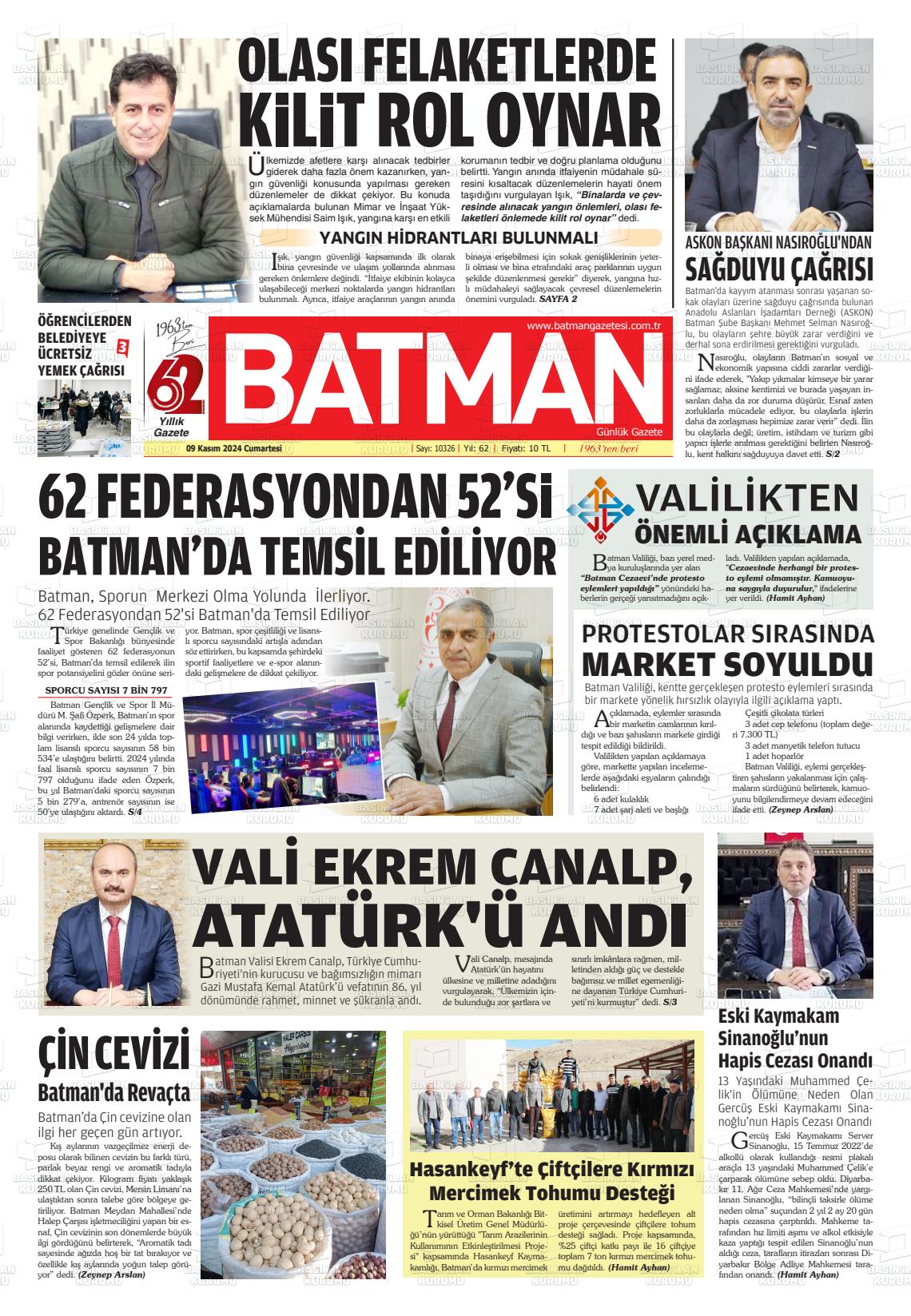 09 Kasım 2024 BATMAN GAZETESİ Gazete Manşeti