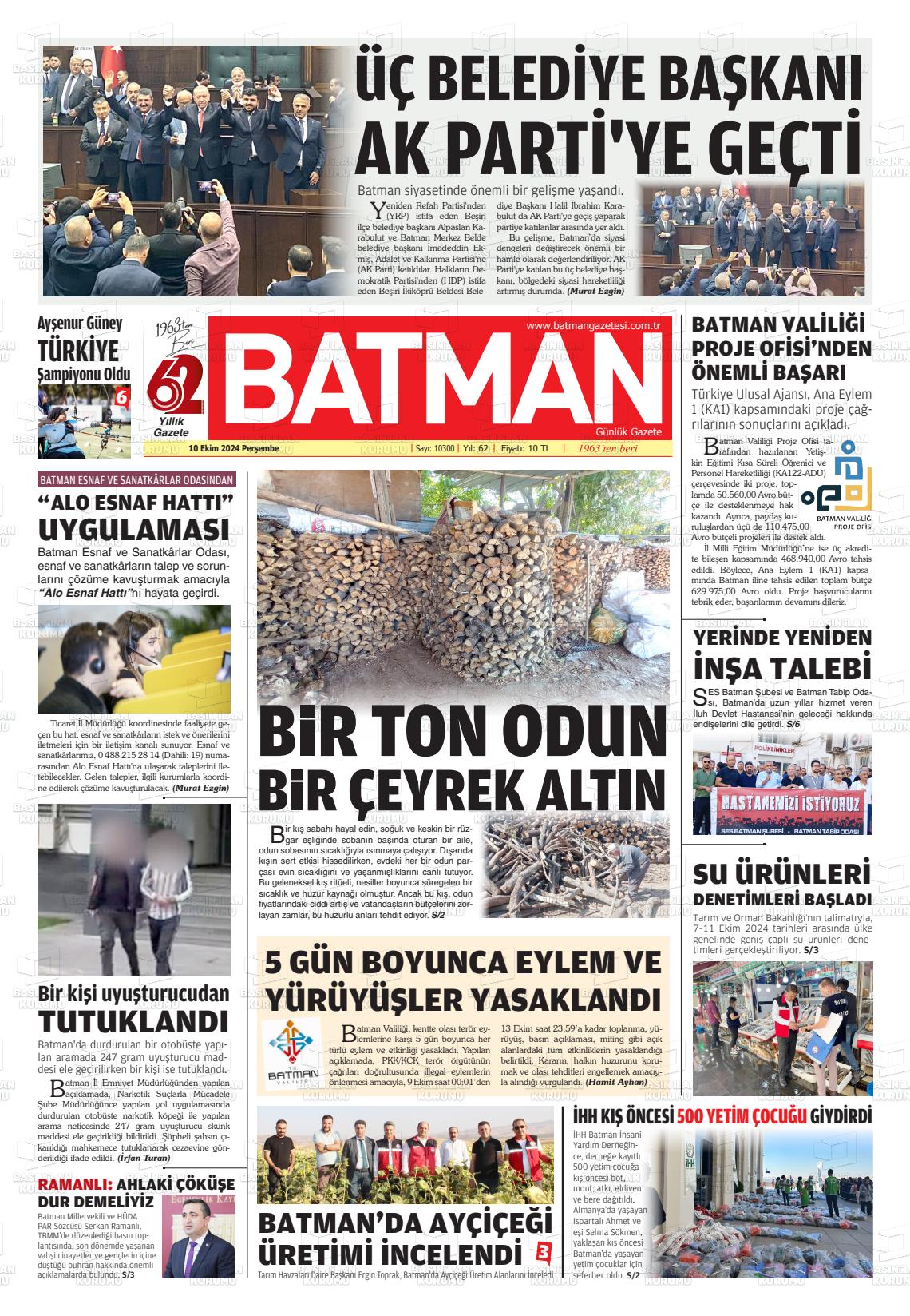 10 Ekim 2024 BATMAN GAZETESİ Gazete Manşeti