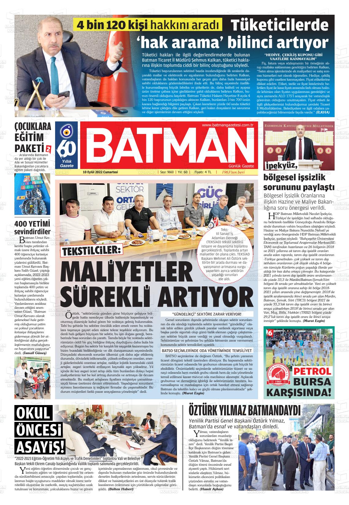 10 Eylül 2022 BATMAN GAZETESİ Gazete Manşeti