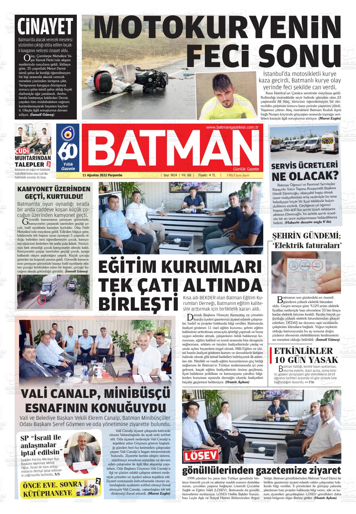 11 Ağustos 2022 BATMAN GAZETESİ Gazete Manşeti