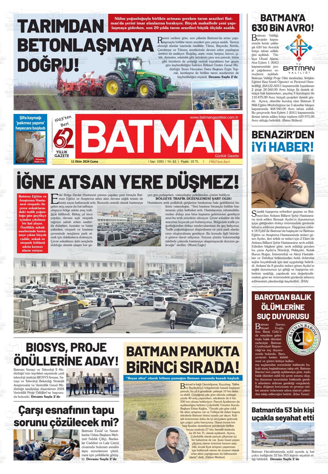 11 Ekim 2024 BATMAN GAZETESİ Gazete Manşeti