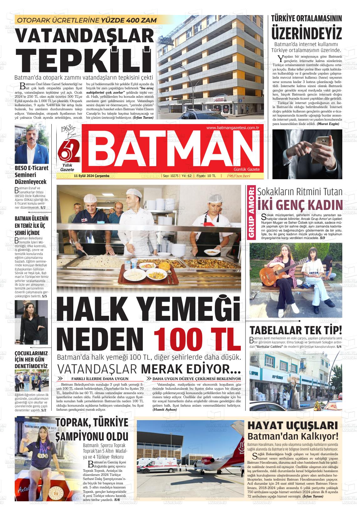 11 Eylül 2024 BATMAN GAZETESİ Gazete Manşeti