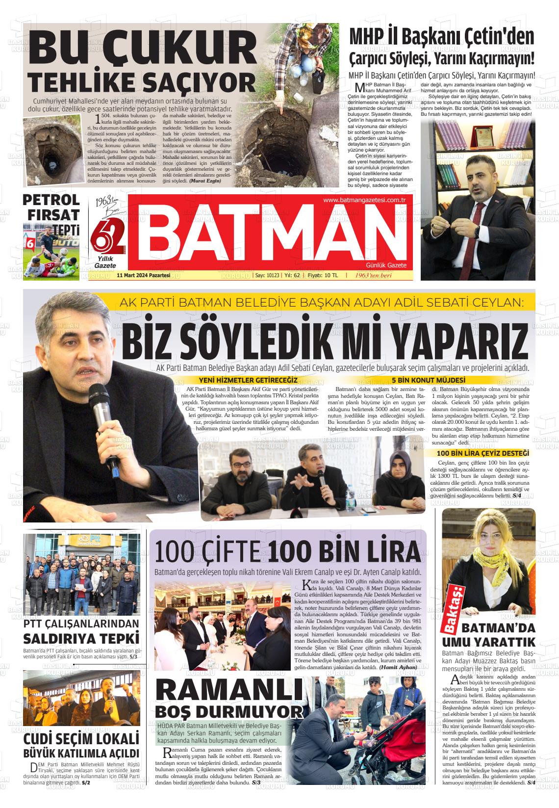 11 Mart 2024 BATMAN GAZETESİ Gazete Manşeti