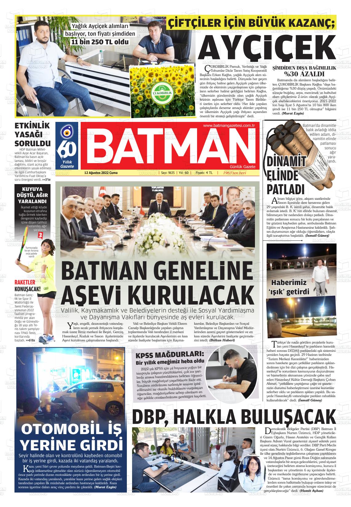 12 Ağustos 2022 BATMAN GAZETESİ Gazete Manşeti