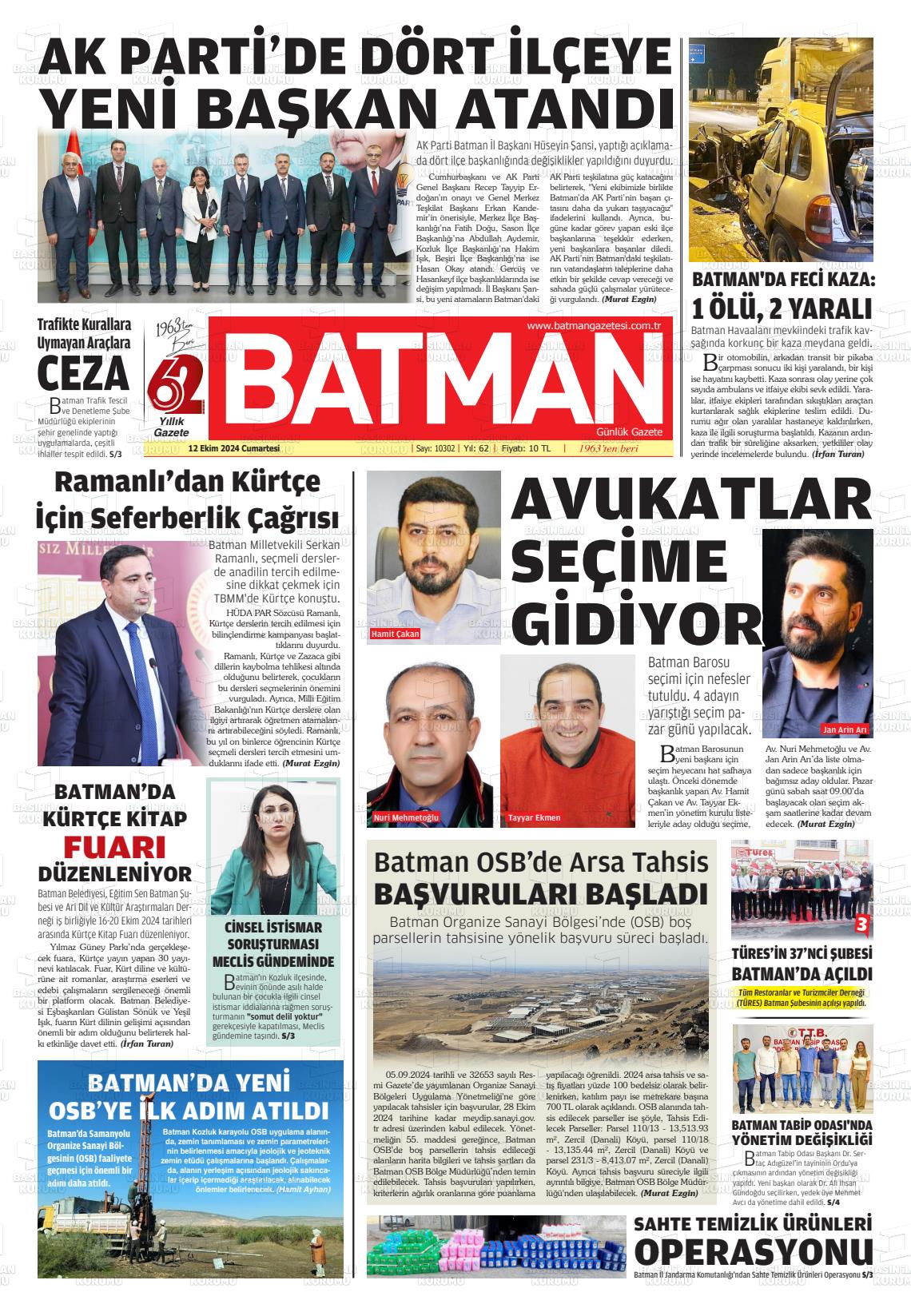 12 Ekim 2024 BATMAN GAZETESİ Gazete Manşeti