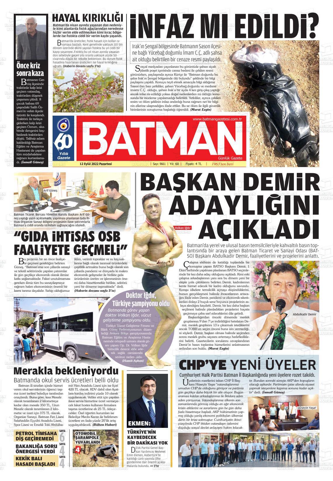 12 Eylül 2022 BATMAN GAZETESİ Gazete Manşeti