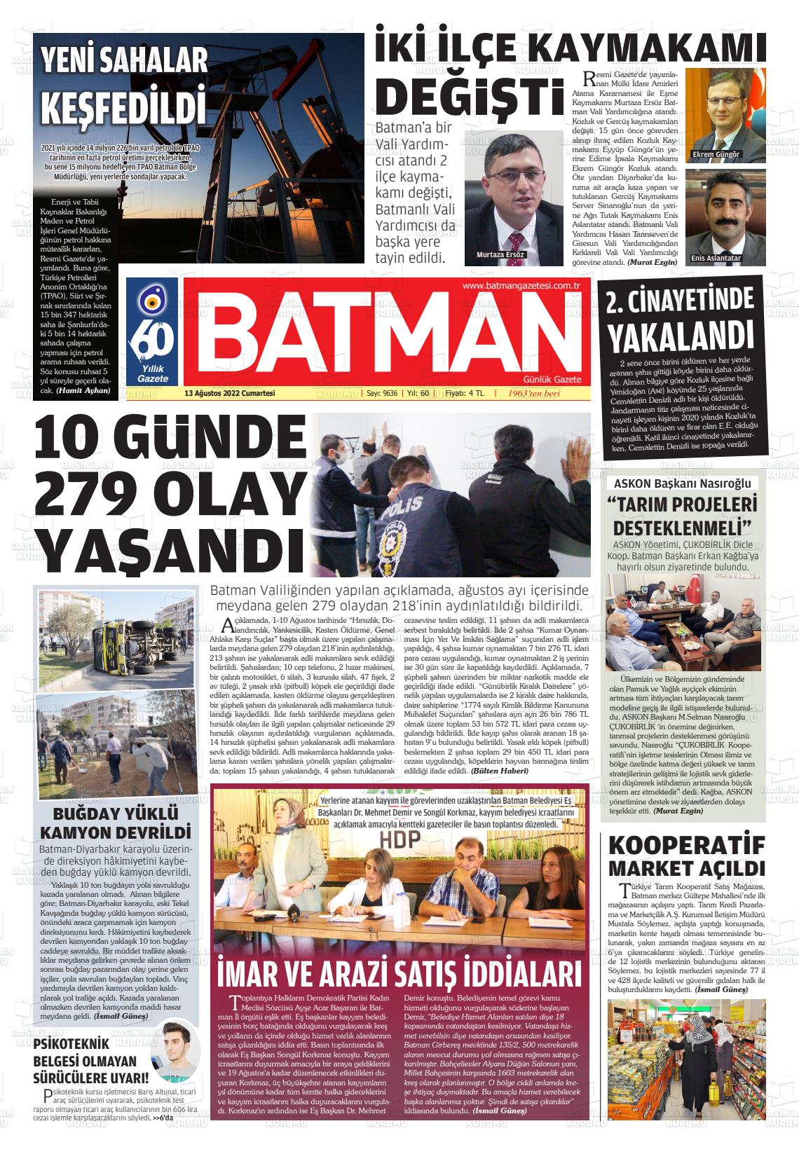 13 Ağustos 2022 BATMAN GAZETESİ Gazete Manşeti