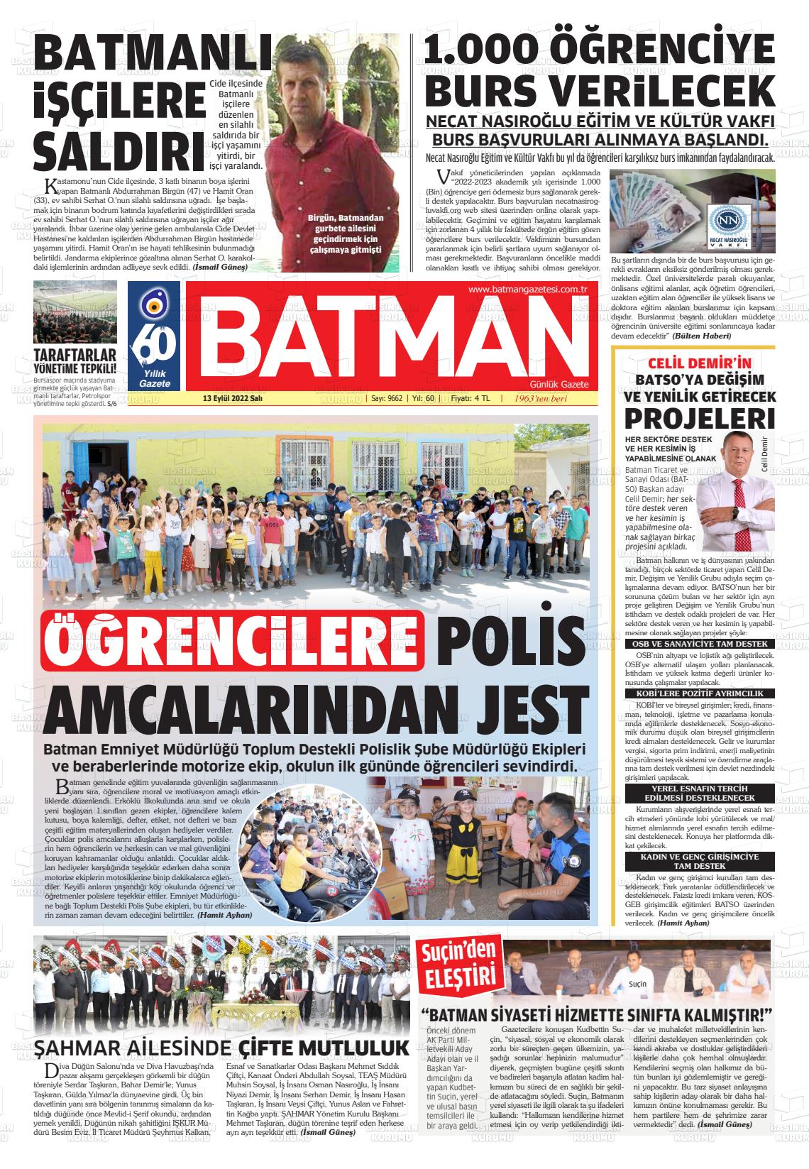 13 Eylül 2022 BATMAN GAZETESİ Gazete Manşeti