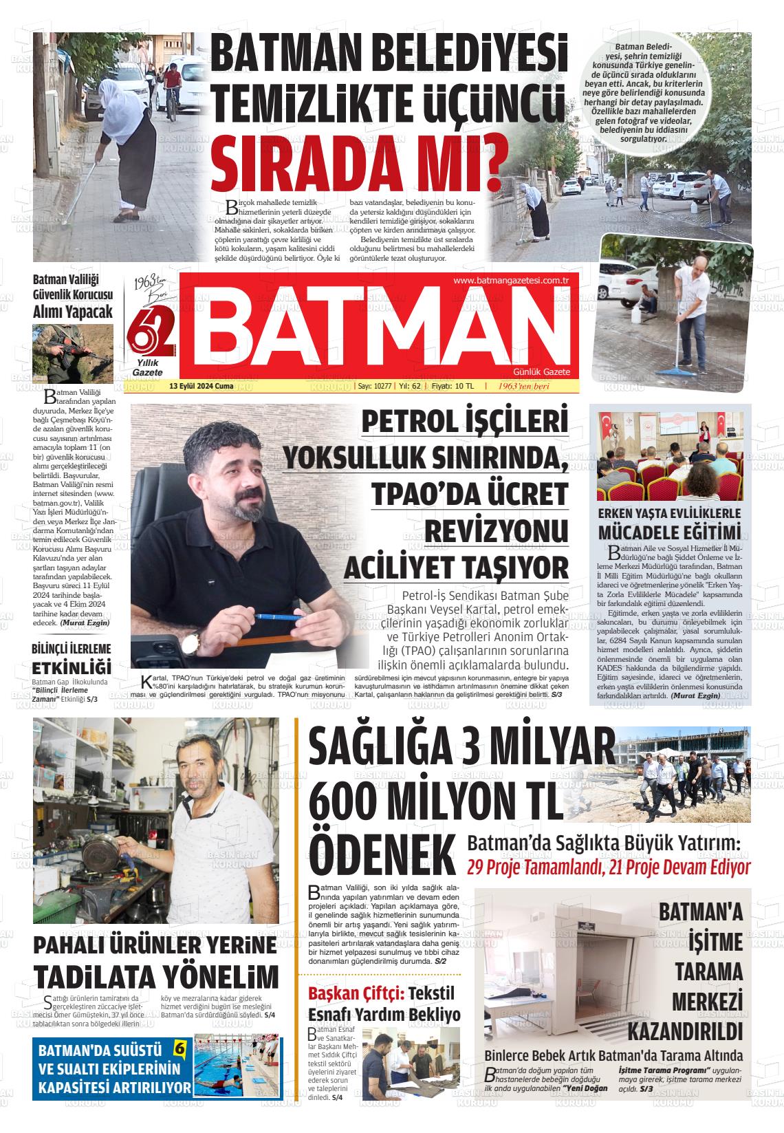 13 Eylül 2024 BATMAN GAZETESİ Gazete Manşeti