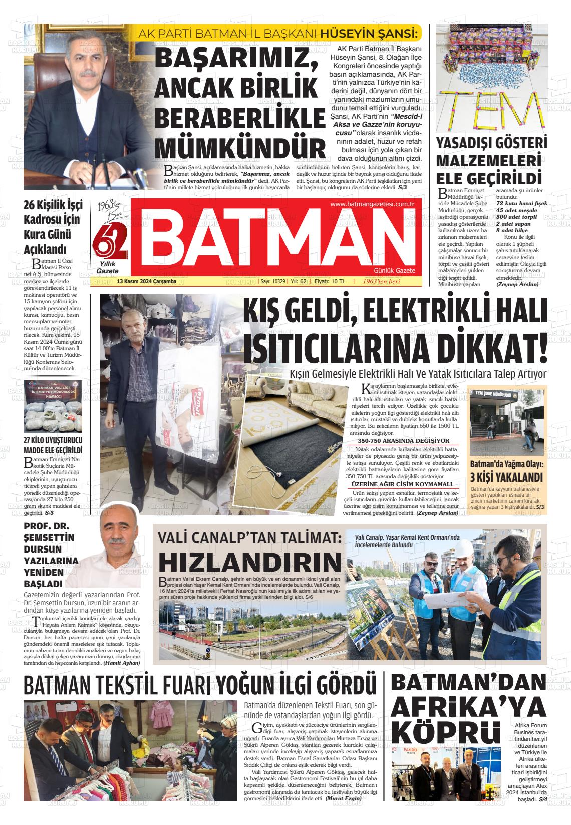 13 Kasım 2024 BATMAN GAZETESİ Gazete Manşeti