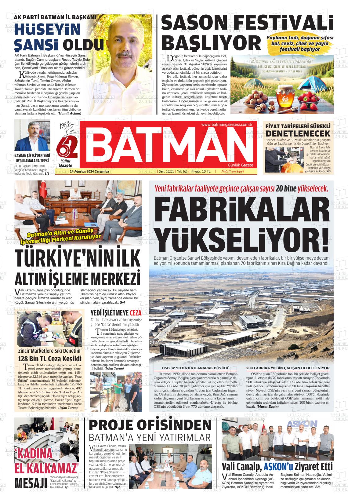 14 Ağustos 2024 BATMAN GAZETESİ Gazete Manşeti