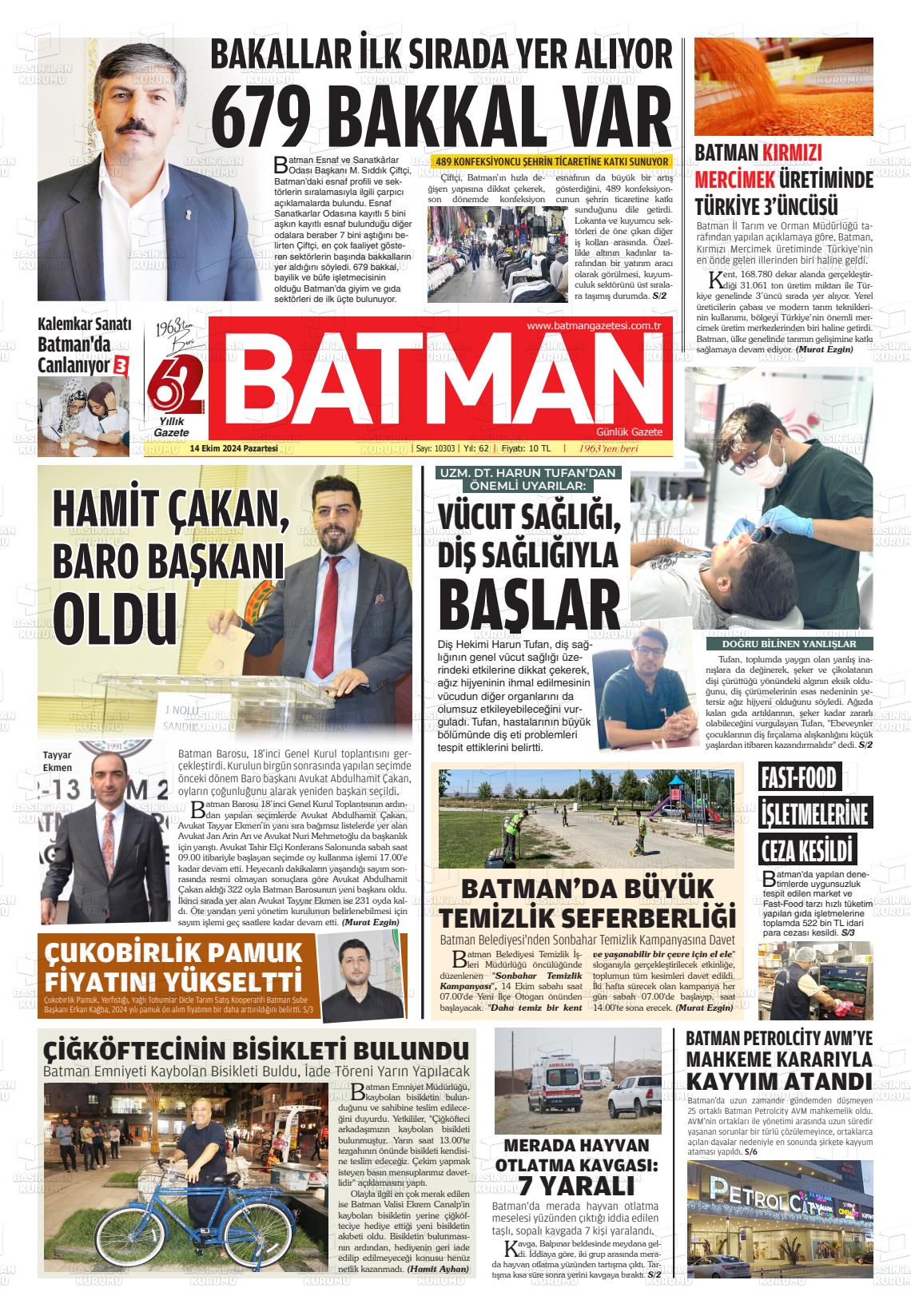 14 Ekim 2024 BATMAN GAZETESİ Gazete Manşeti