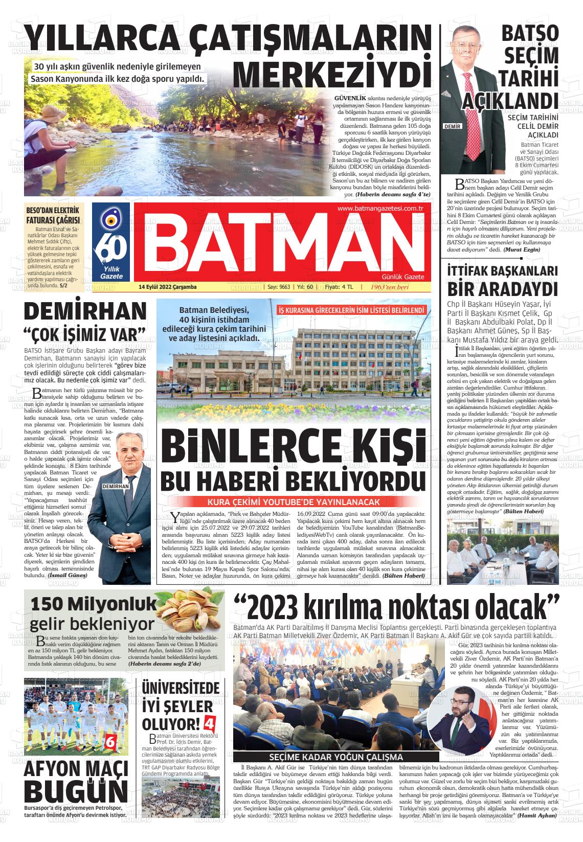 14 Eylül 2022 BATMAN GAZETESİ Gazete Manşeti