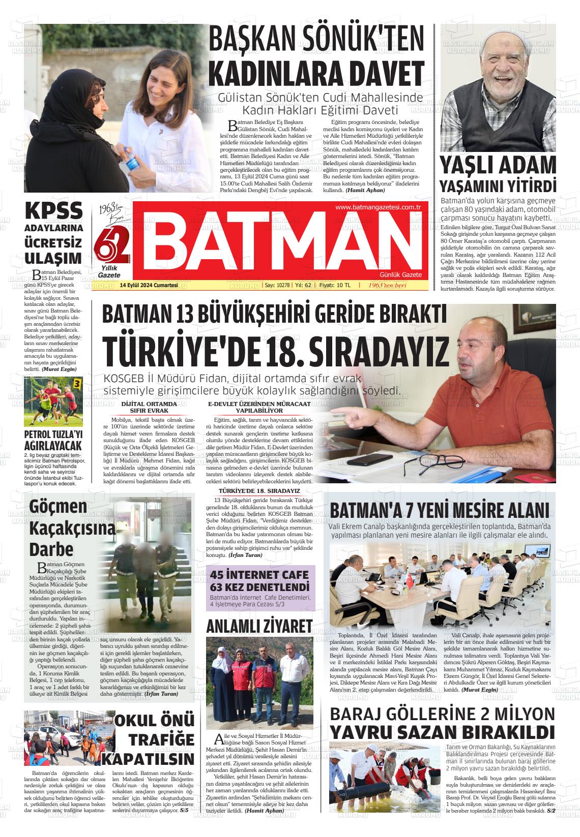 14 Eylül 2024 BATMAN GAZETESİ Gazete Manşeti