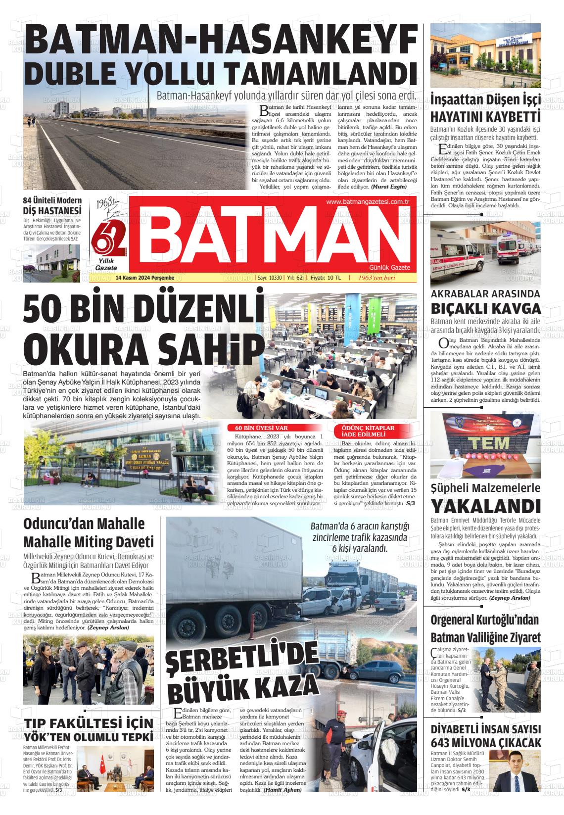 14 Kasım 2024 BATMAN GAZETESİ Gazete Manşeti