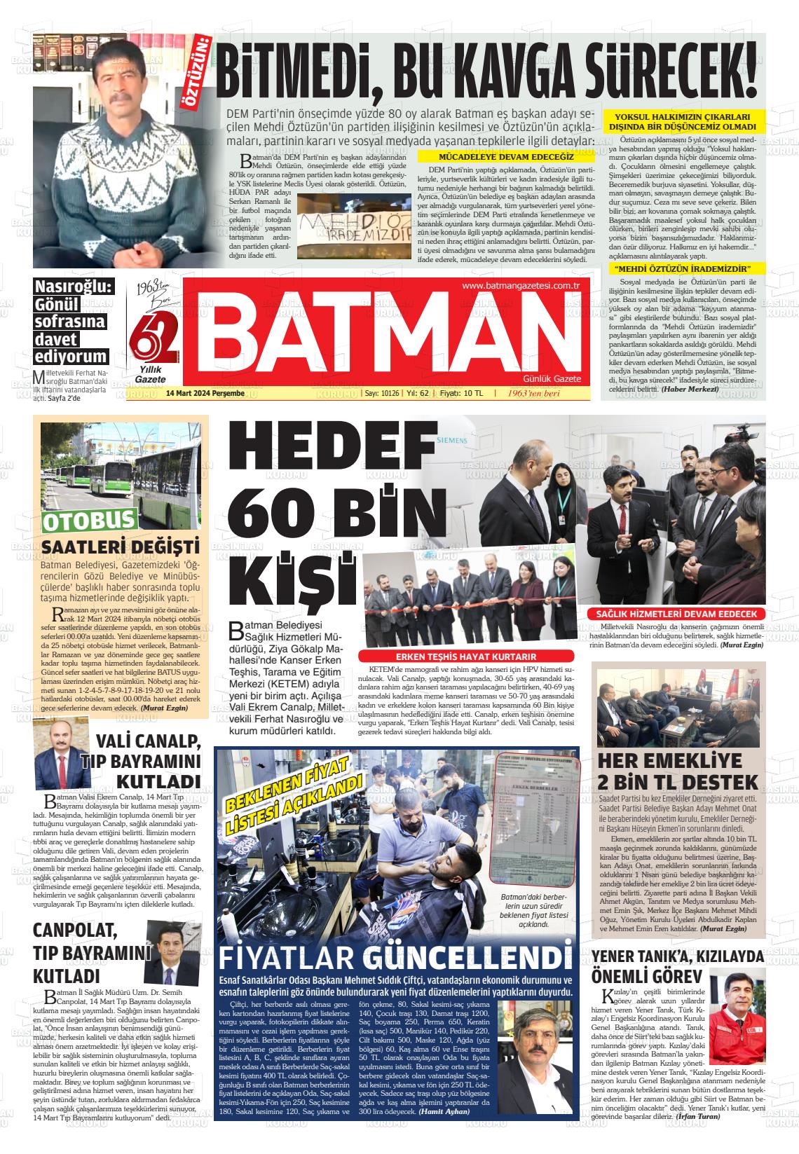 14 Mart 2024 BATMAN GAZETESİ Gazete Manşeti