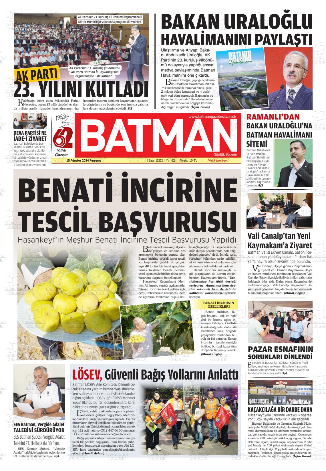 15 Ağustos 2024 BATMAN GAZETESİ Gazete Manşeti