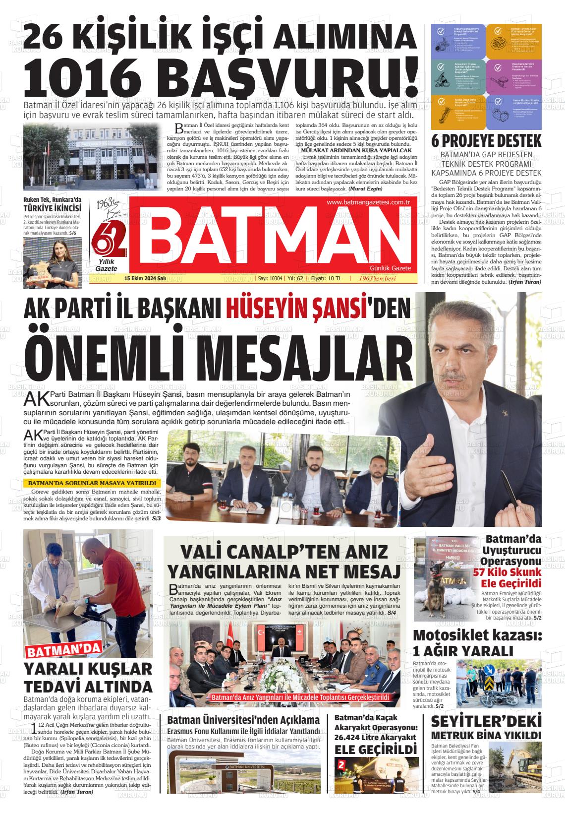 15 Ekim 2024 BATMAN GAZETESİ Gazete Manşeti