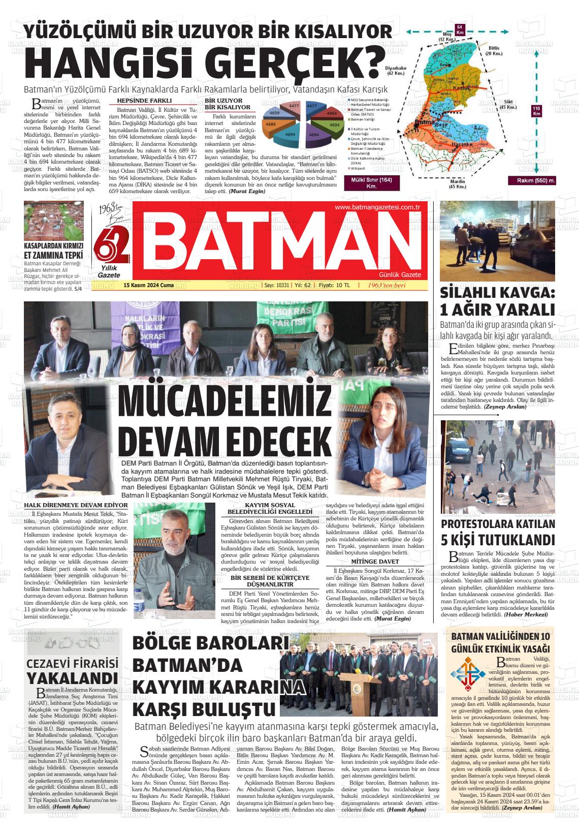 15 Kasım 2024 BATMAN GAZETESİ Gazete Manşeti