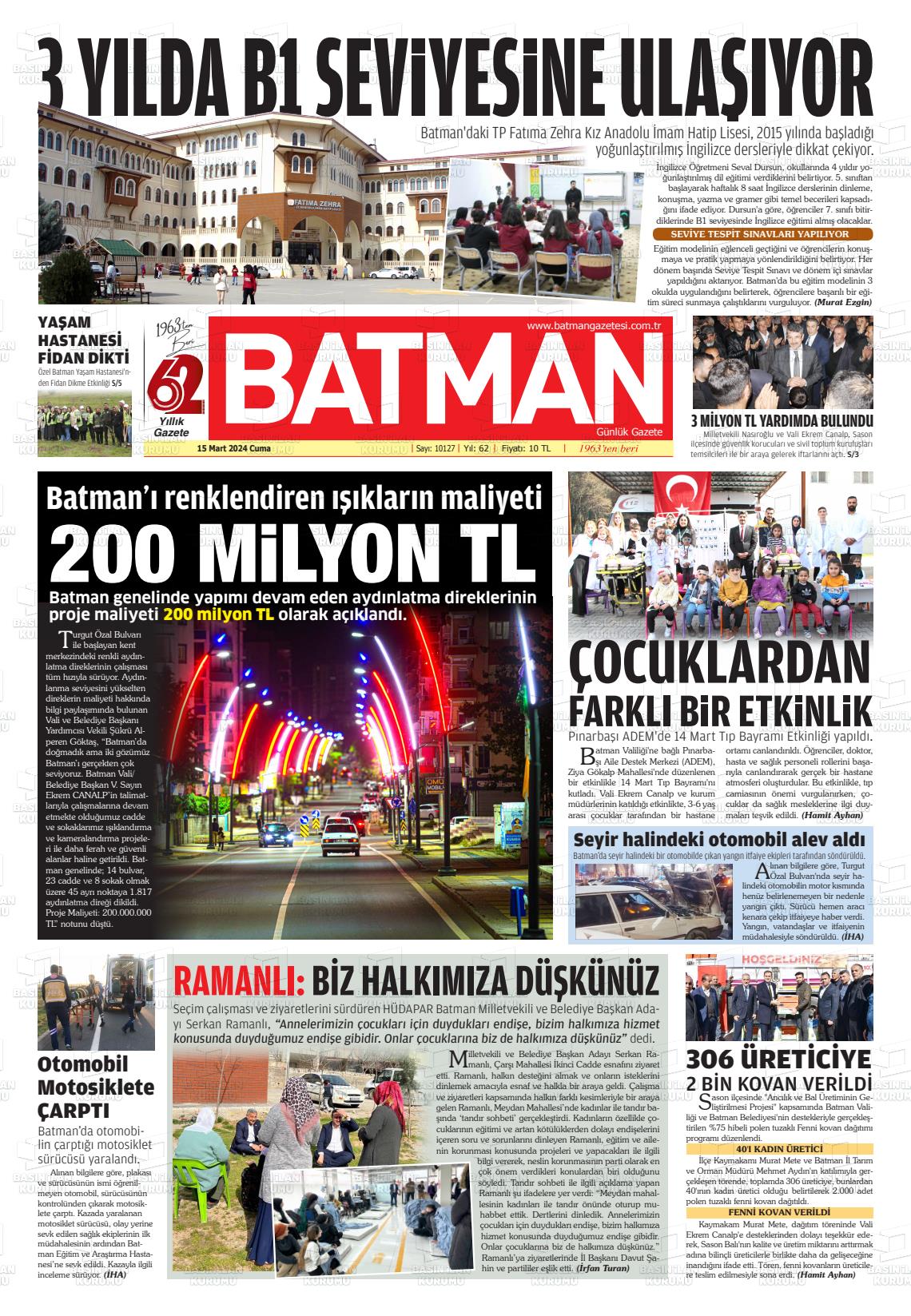 15 Mart 2024 BATMAN GAZETESİ Gazete Manşeti