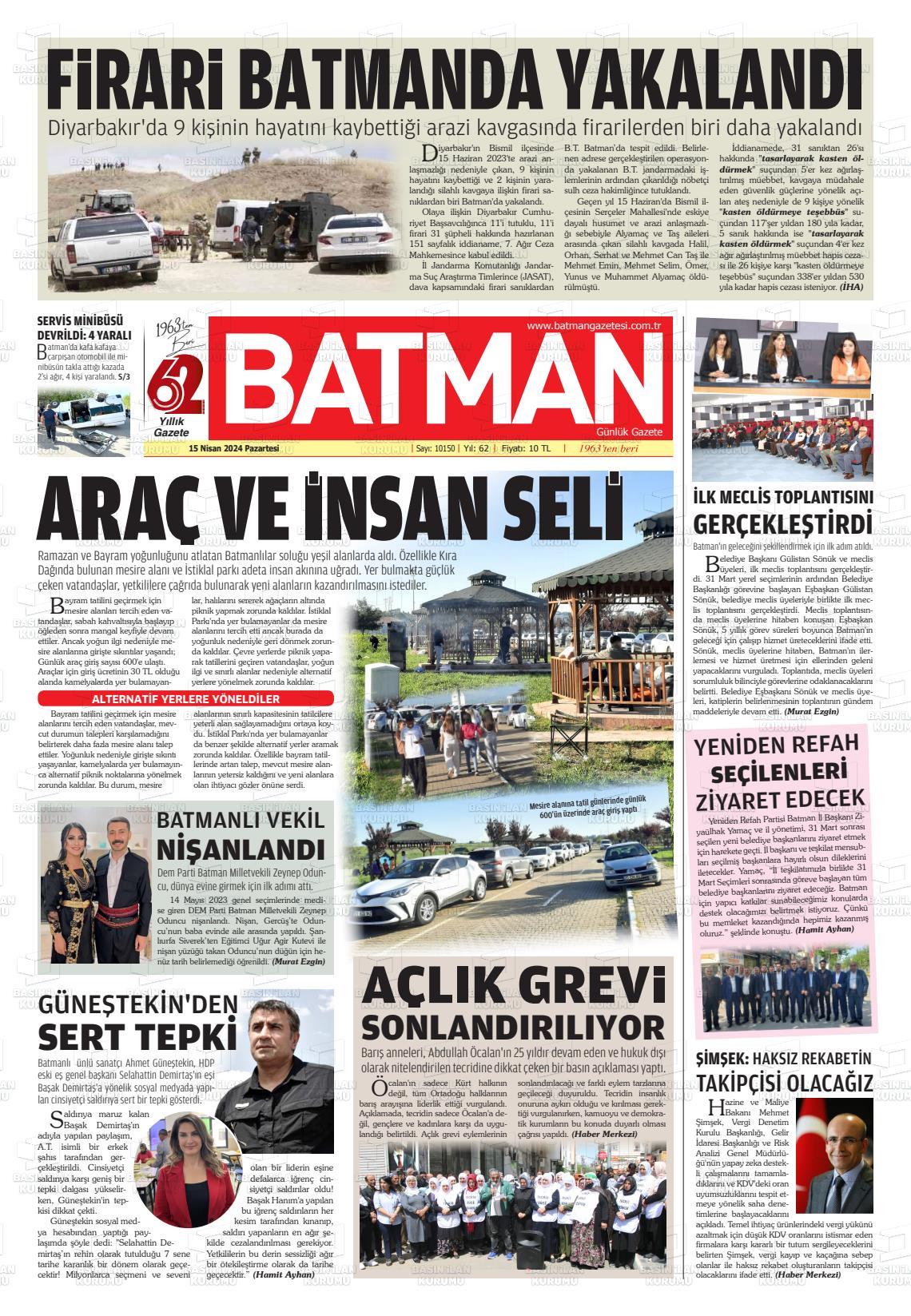 15 Nisan 2024 BATMAN GAZETESİ Gazete Manşeti