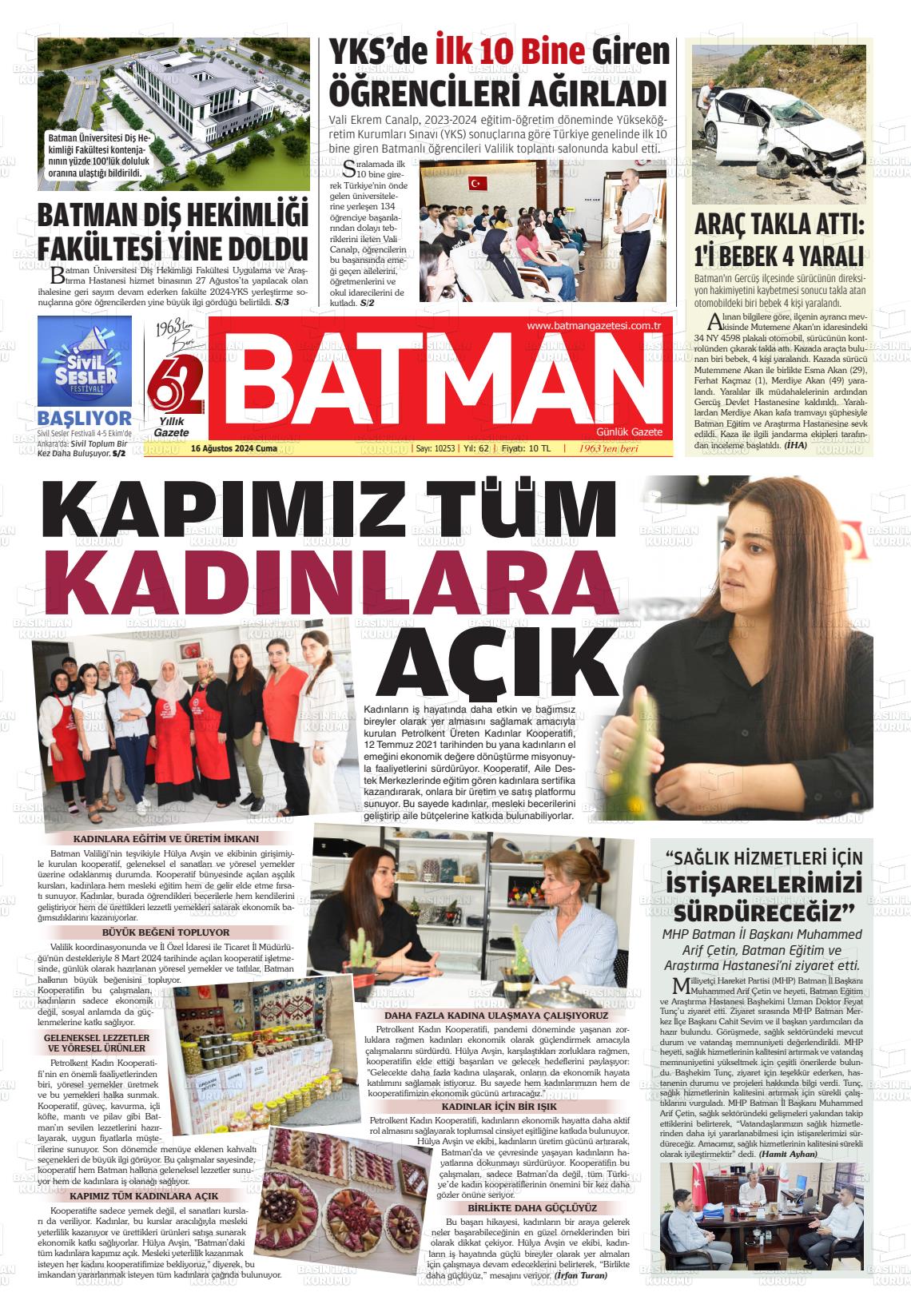 16 Ağustos 2024 BATMAN GAZETESİ Gazete Manşeti