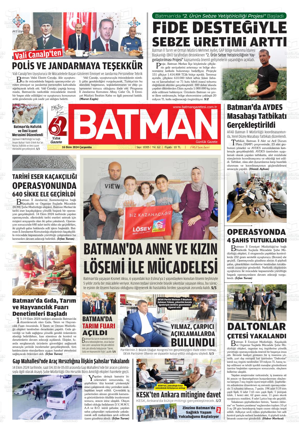 16 Ekim 2024 BATMAN GAZETESİ Gazete Manşeti