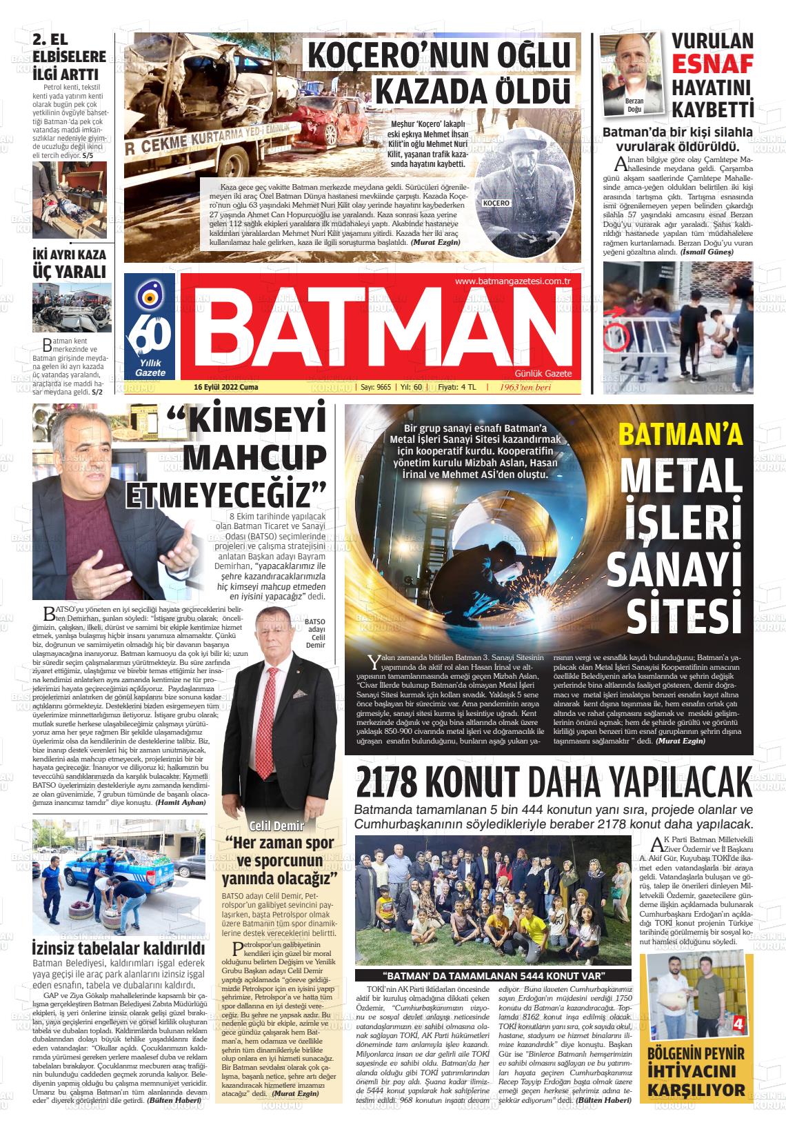 16 Eylül 2022 BATMAN GAZETESİ Gazete Manşeti