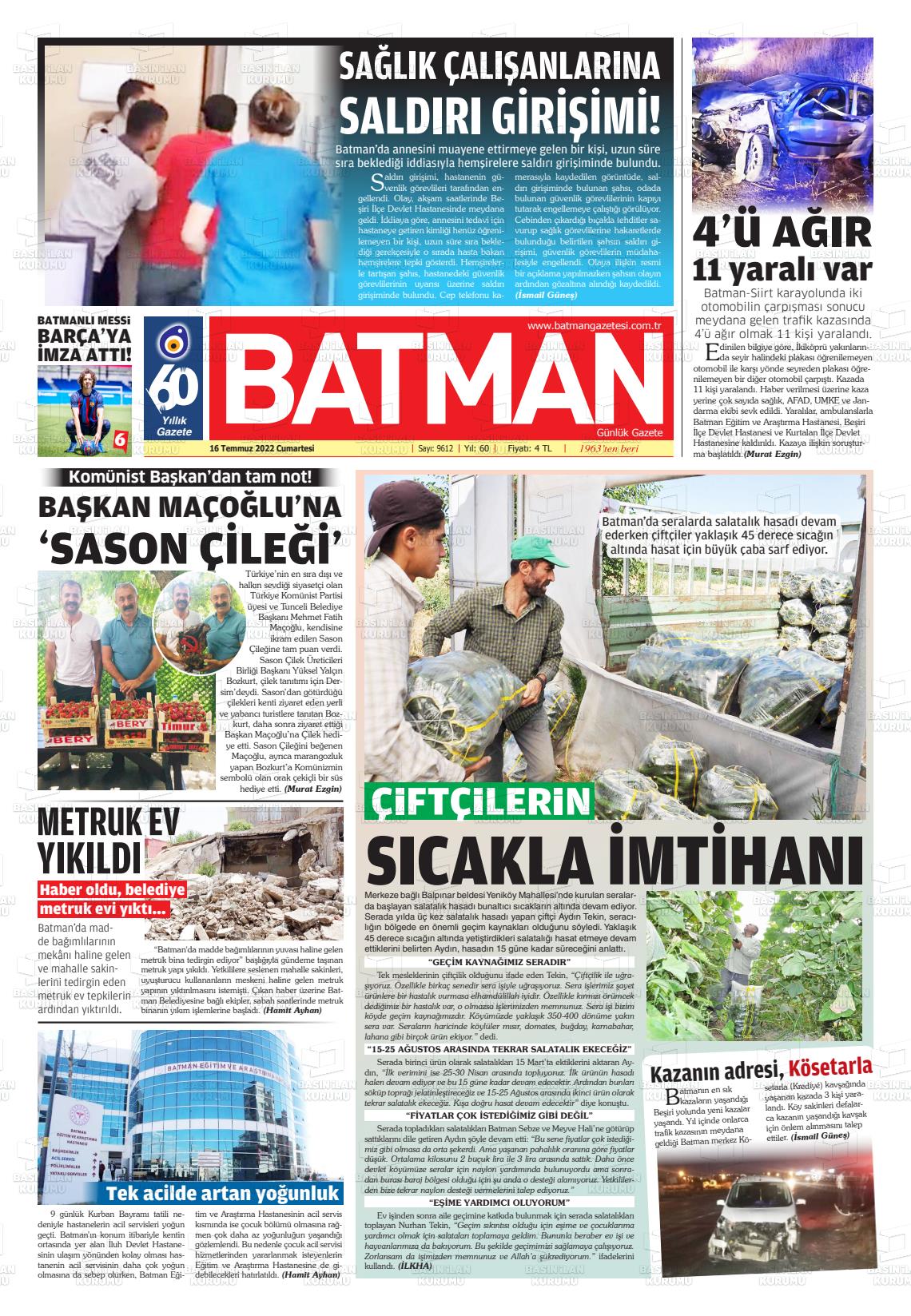 16 Temmuz 2022 BATMAN GAZETESİ Gazete Manşeti