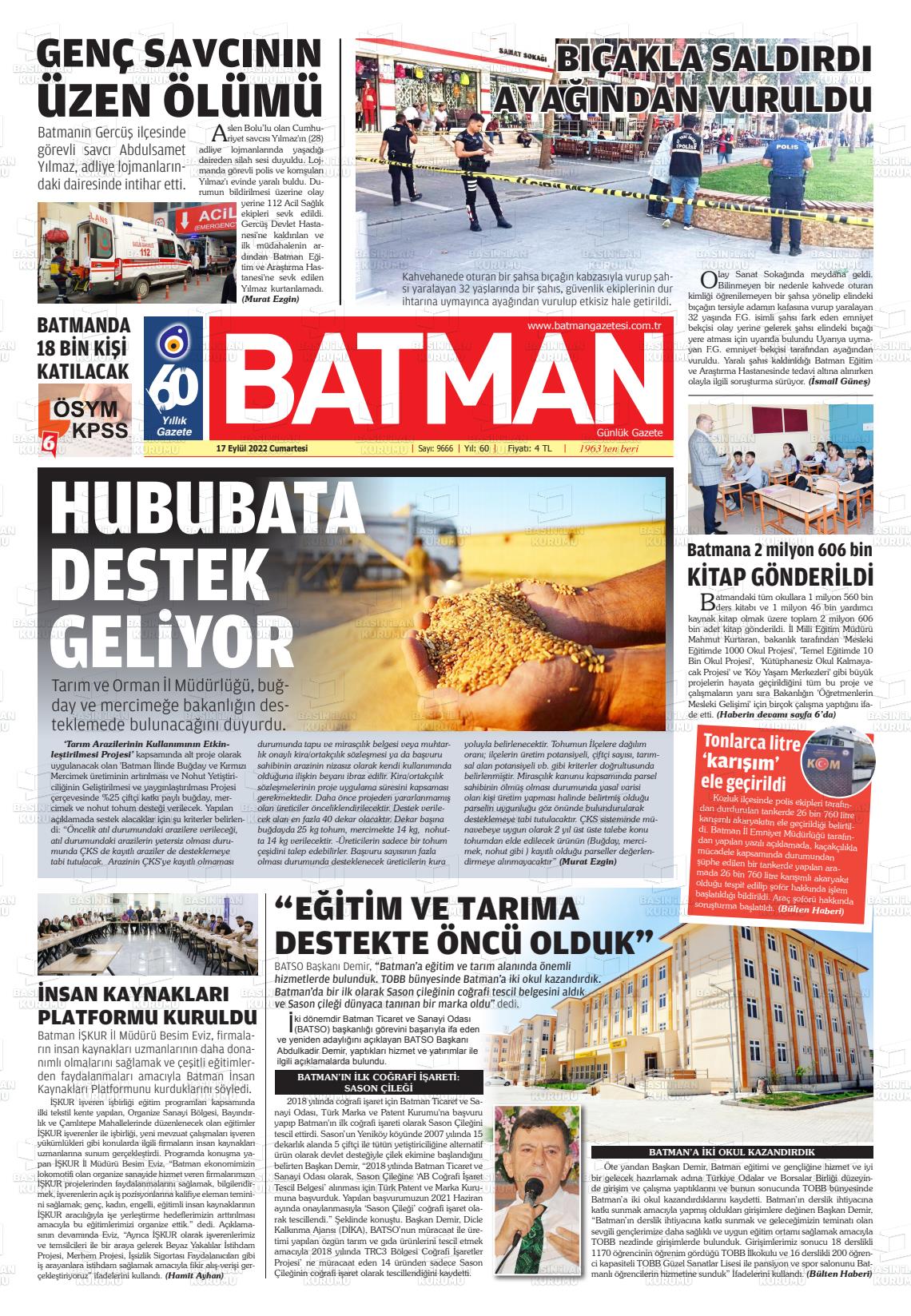 17 Eylül 2022 BATMAN GAZETESİ Gazete Manşeti