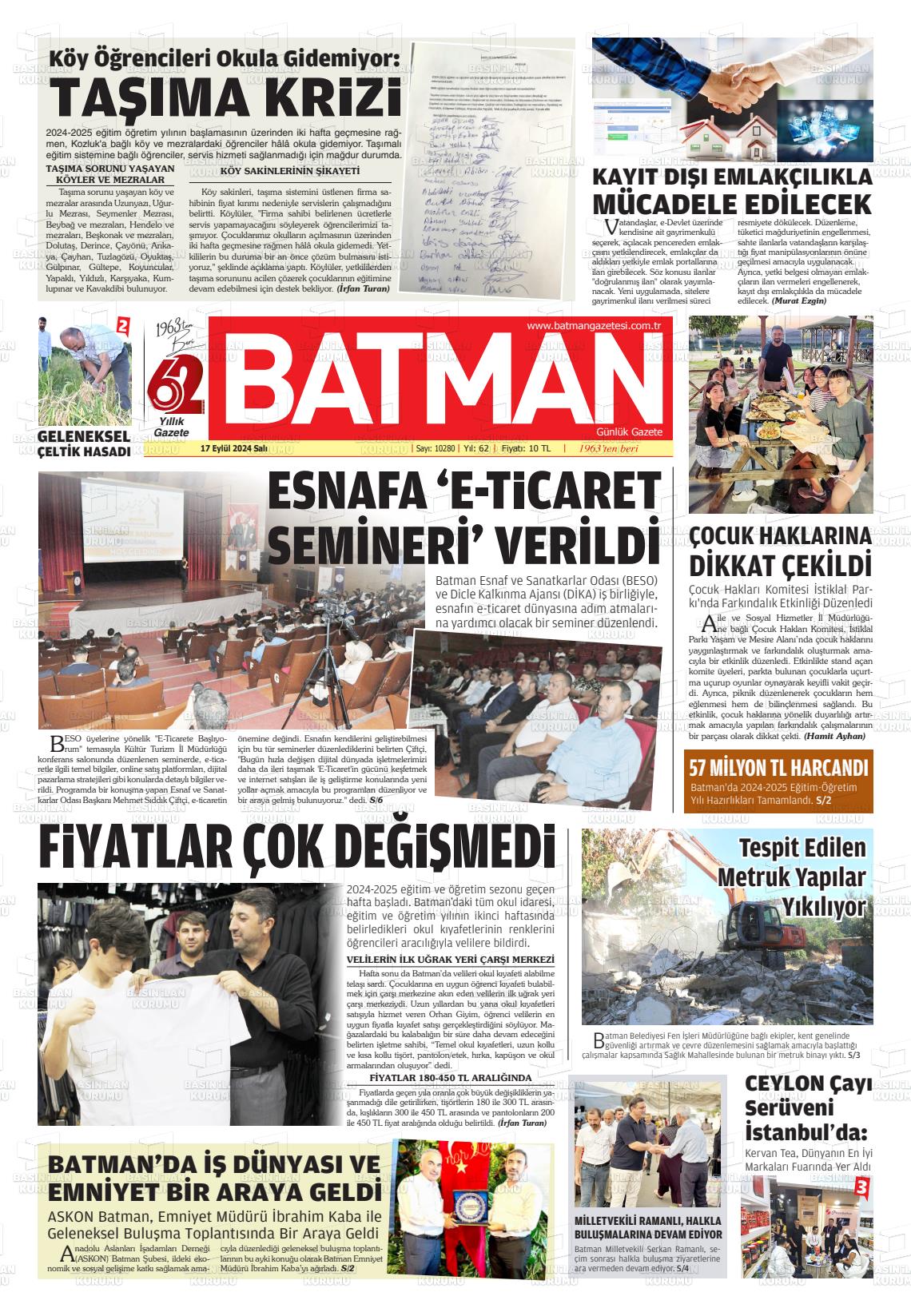 17 Eylül 2024 BATMAN GAZETESİ Gazete Manşeti