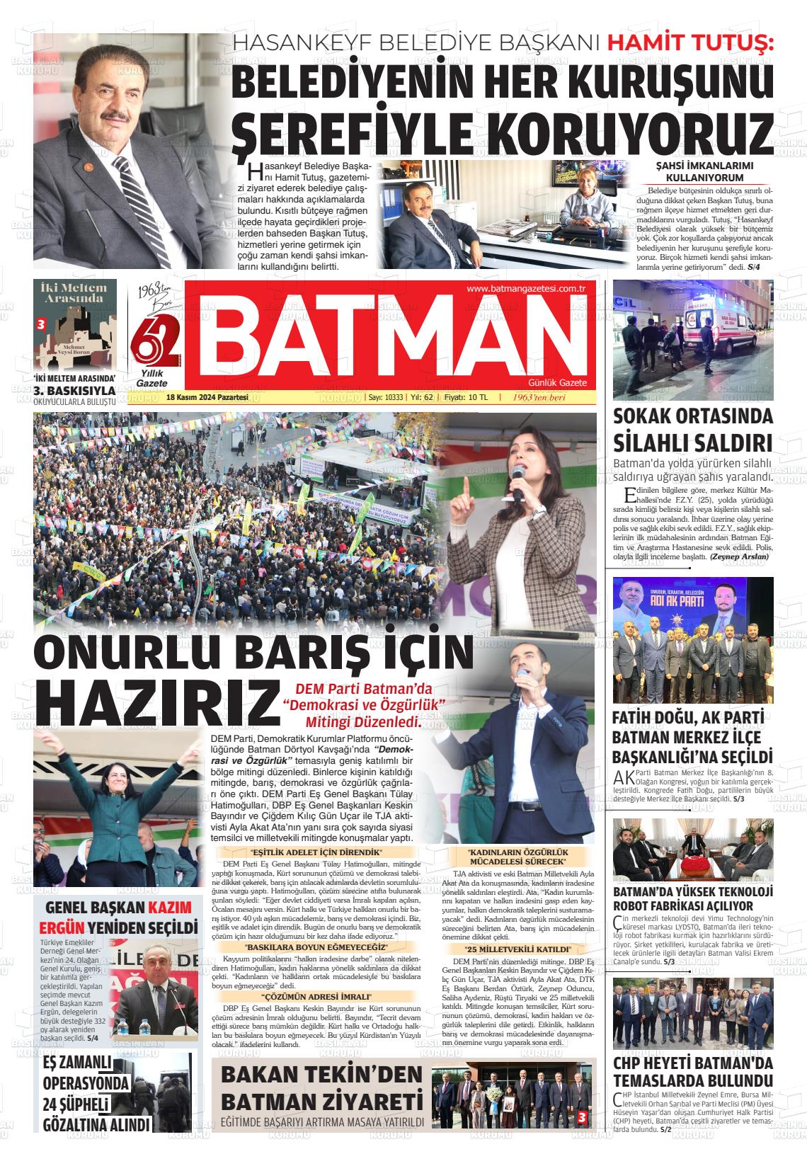 18 Kasım 2024 BATMAN GAZETESİ Gazete Manşeti