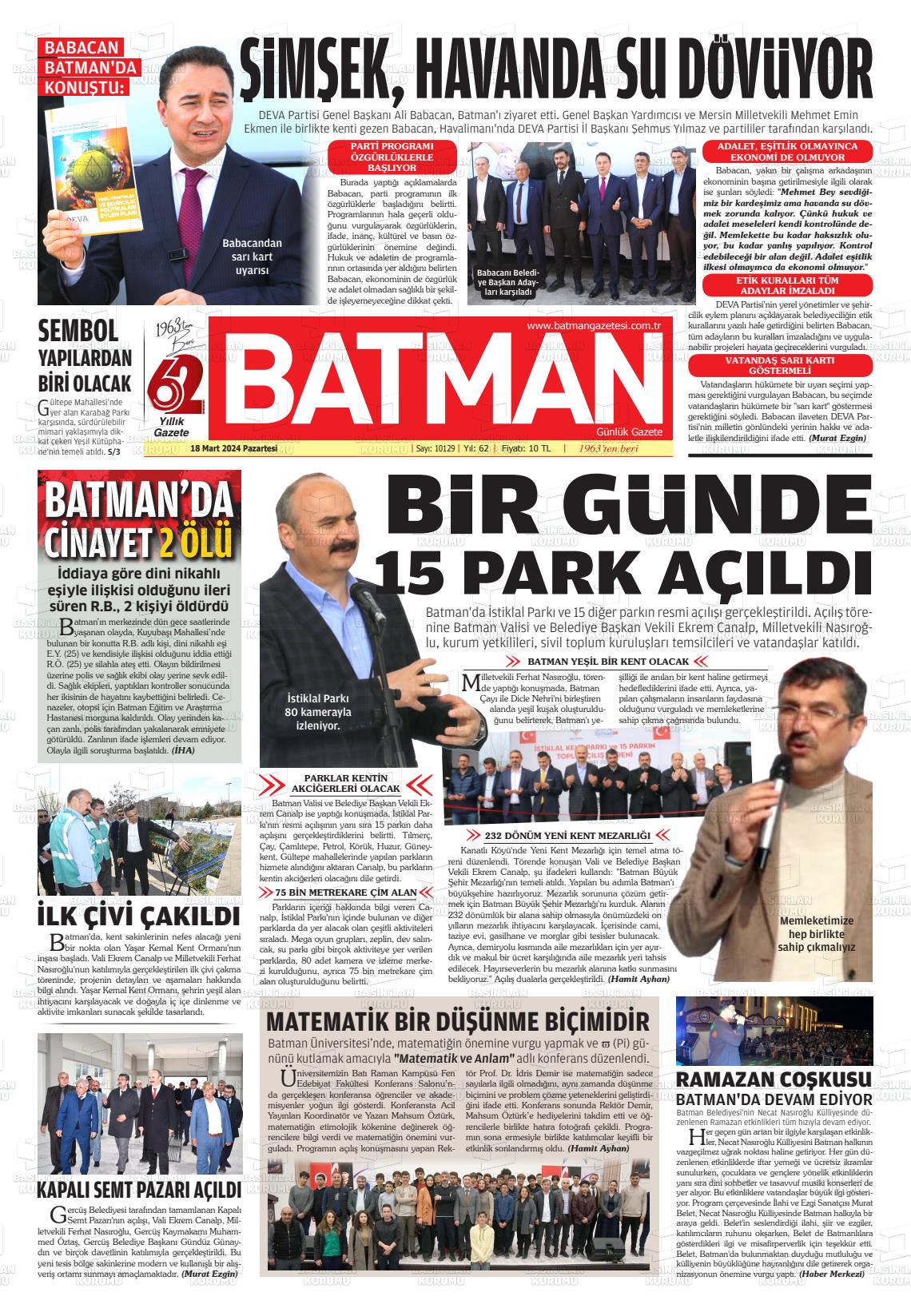 18 Mart 2024 BATMAN GAZETESİ Gazete Manşeti