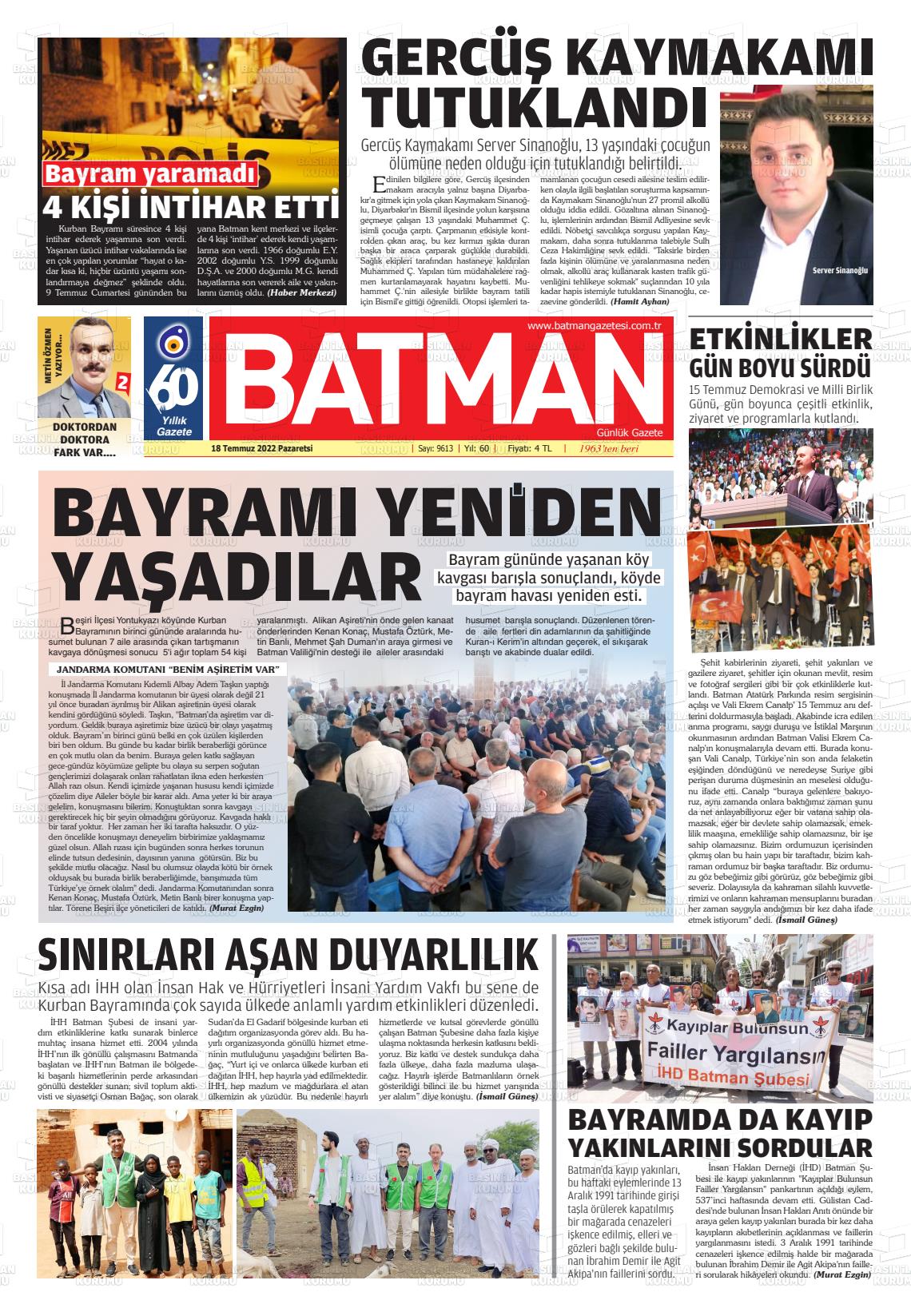 18 Temmuz 2022 BATMAN GAZETESİ Gazete Manşeti