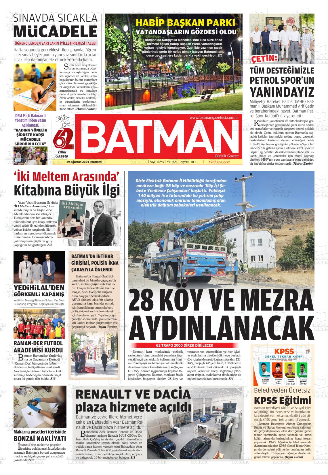 19 Ağustos 2024 BATMAN GAZETESİ Gazete Manşeti